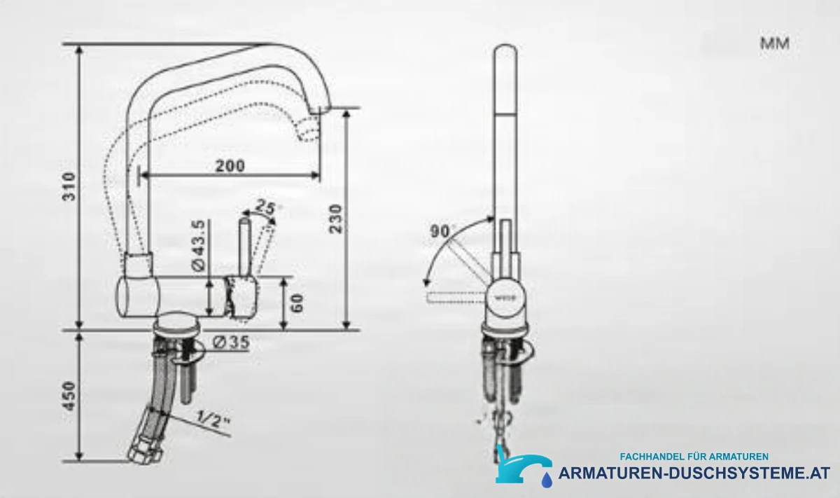 Technische Zeichnung der Messingarmatur PA13536, 310 mm hoch und 200 mm Ausladung