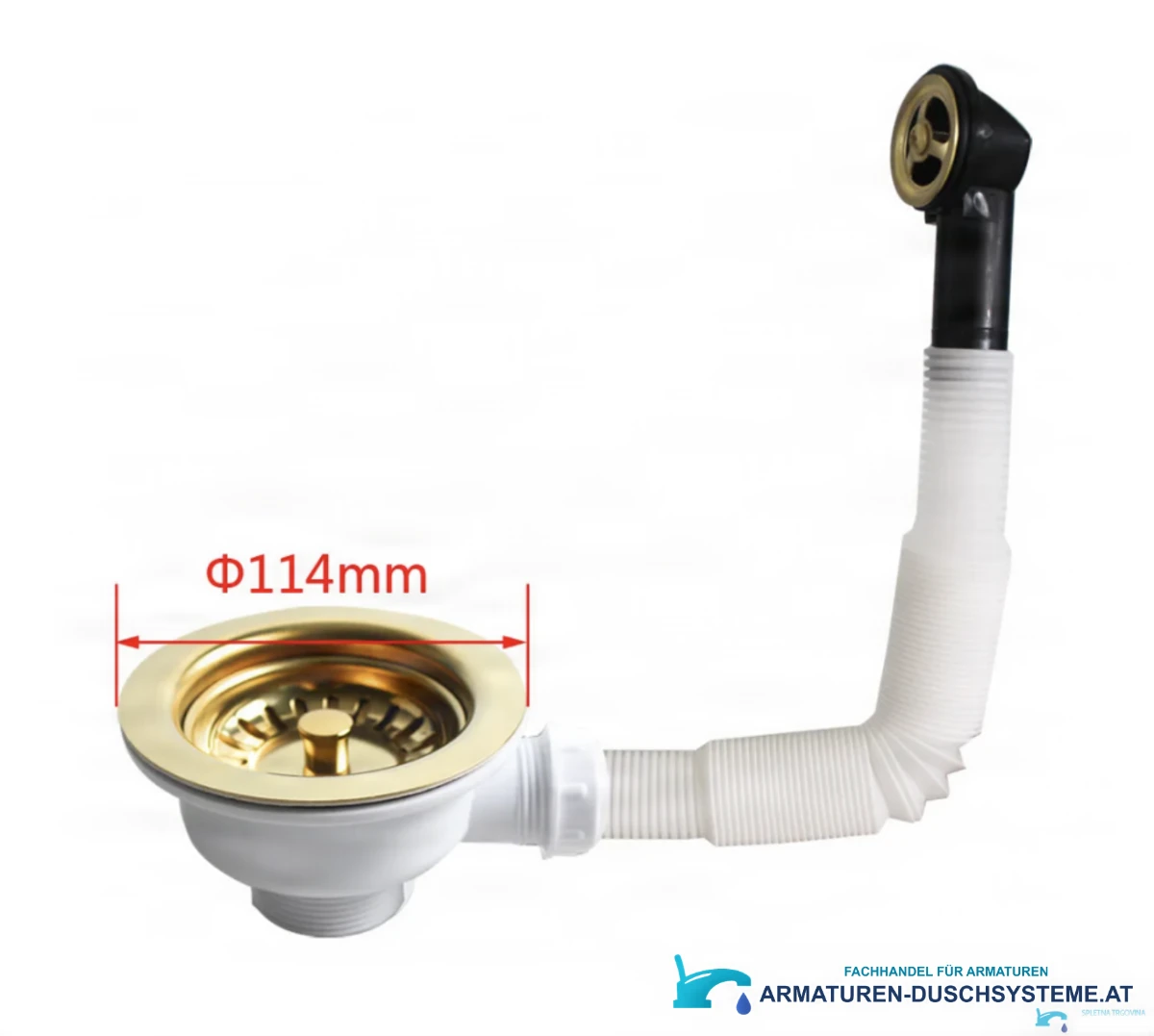 Goldener Spülenablauf EYN GBP1504 mit Überlaufanschluss und 114 mm Durchmesser