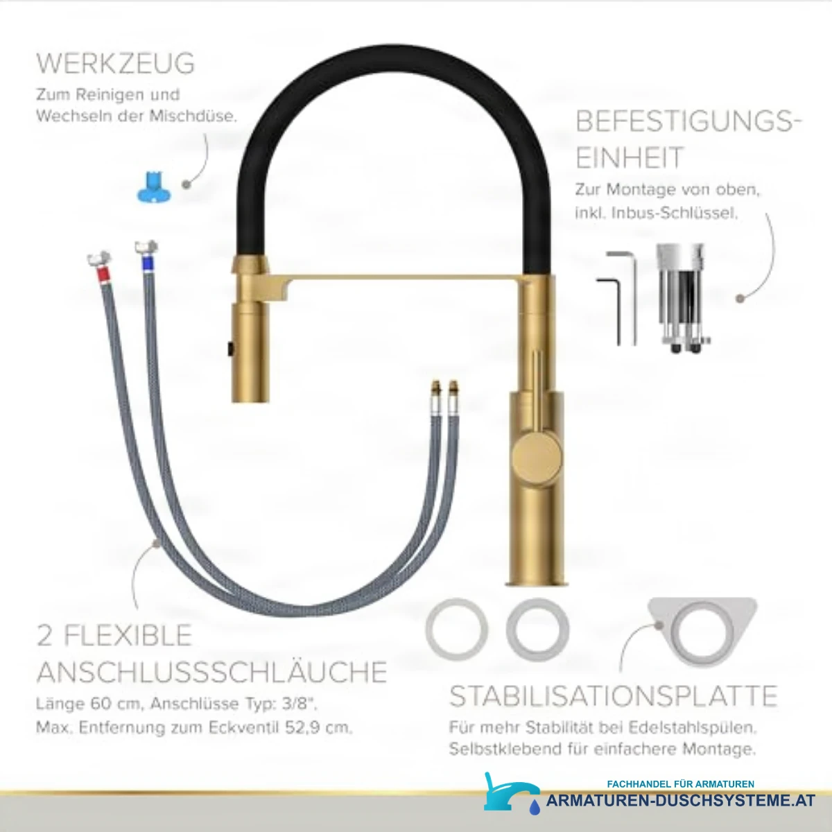 Montageteile der Küchenarmatur ELITE EDITION KF1445 mit Schläuchen und Stabilisationsplatte