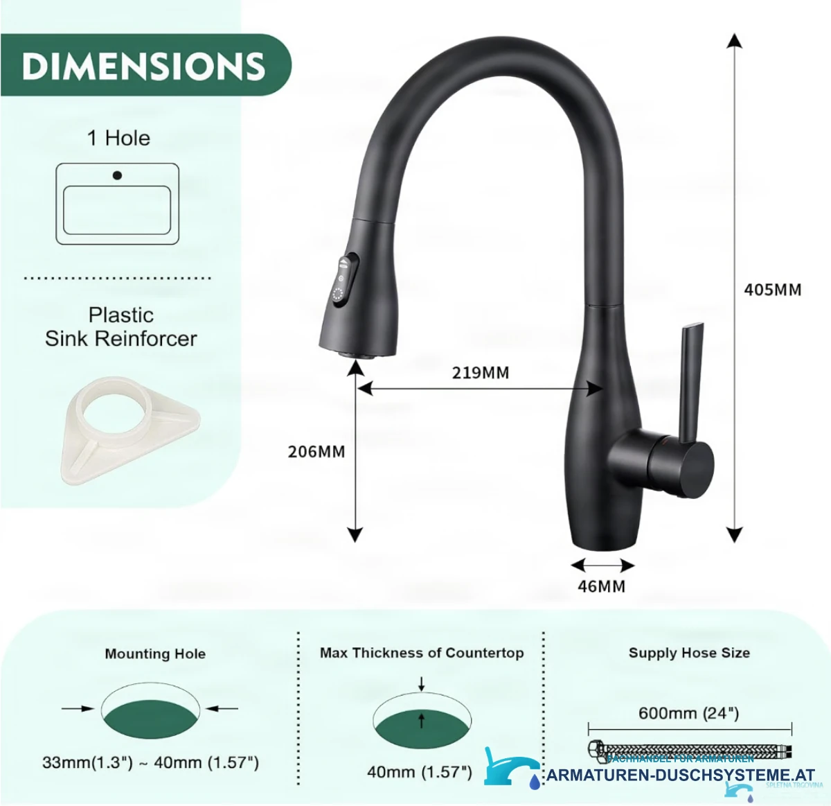 Technische Zeichnung der smarten Küchenarmatur mit Sensor KFS1428 (405 × 219 mm)