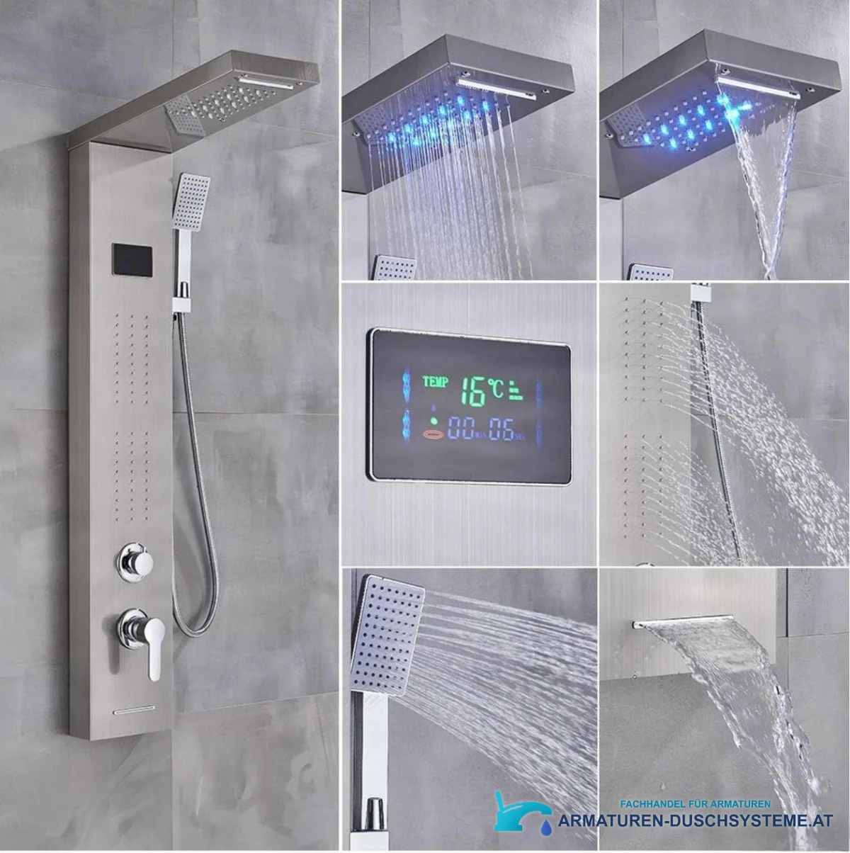 Luxus LED-Duschpaneel BSP1912 — gebürstete Oberfläche und fünf Wasserfunktionen