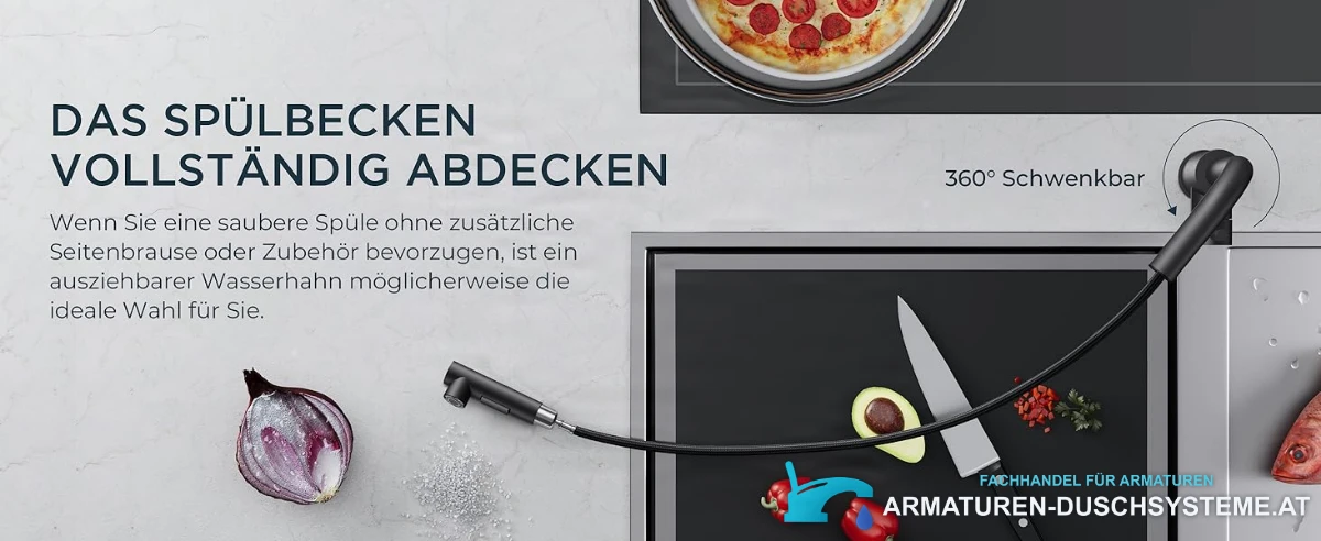 Niederdruck-Küchenarmatur ELITE EDITION KFL2244 im Einsatz: ausziehbare Brause über der Spüle
