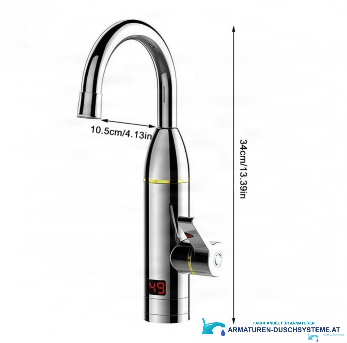 Technische Zeichnung der beheizten Küchenarmatur HC-1433 (34 cm Höhe, 10,5 cm Ausladung)