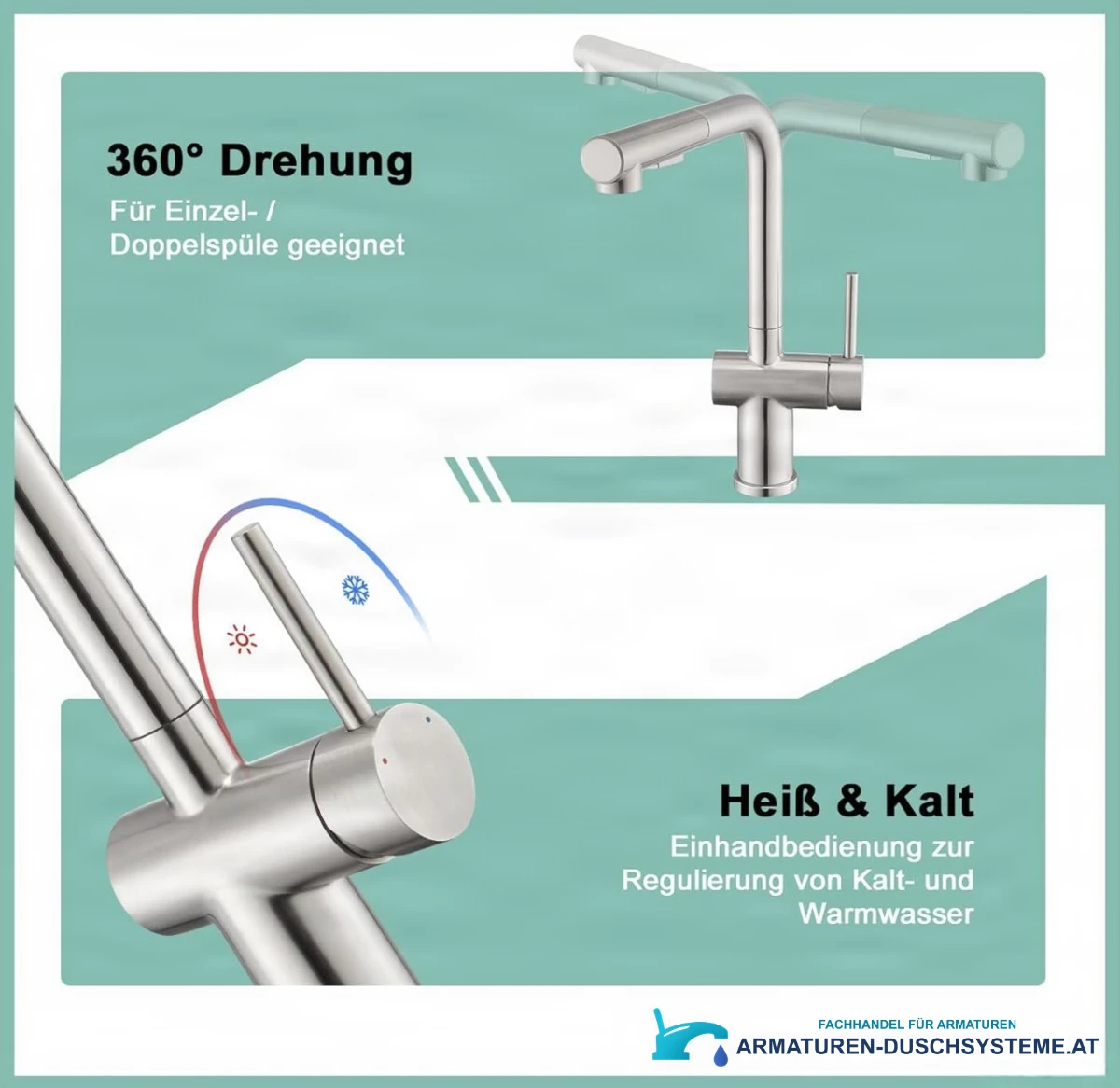 Funktionen der Niederdruck-Küchenarmatur NTB2003: 360°-Schwenkauslauf und Einhebelmischer