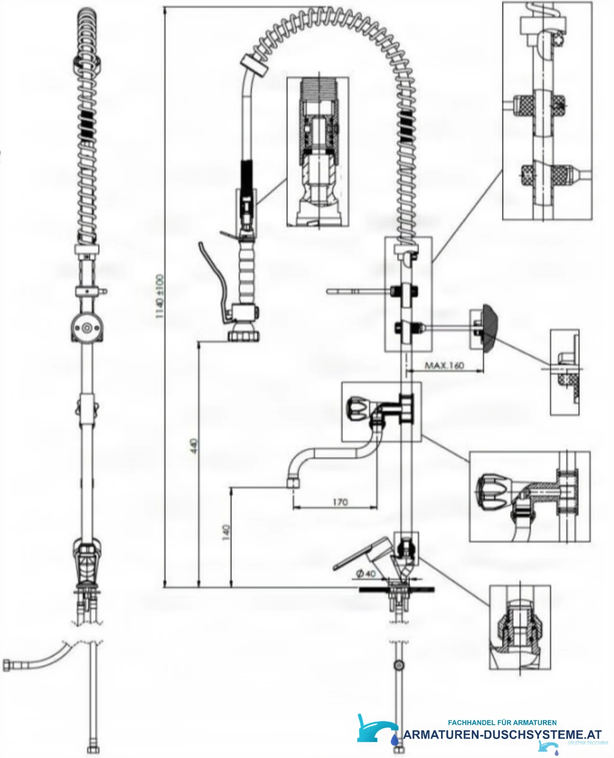 Technische Zeichnung der Spülstation-Armatur EYN PRO1425, Höhe 1140 ± 100 mm