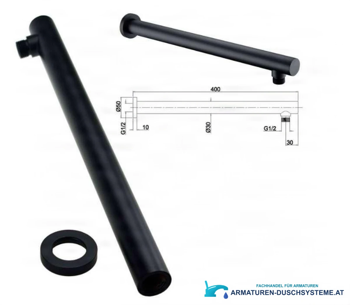 Technische Zeichnung des Wandarms BP1225 mit 400 mm Länge und G1/2-Anschlüssen