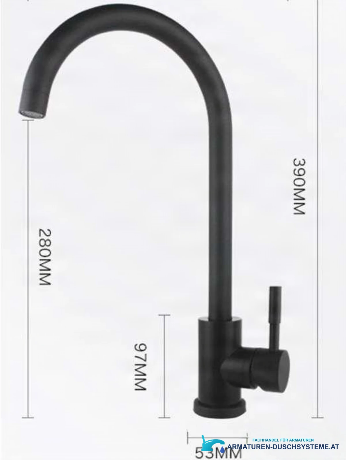 Technische Darstellung der Küchenarmatur BK1343 mit 390 mm Höhe und 280 mm Auslaufhöhe