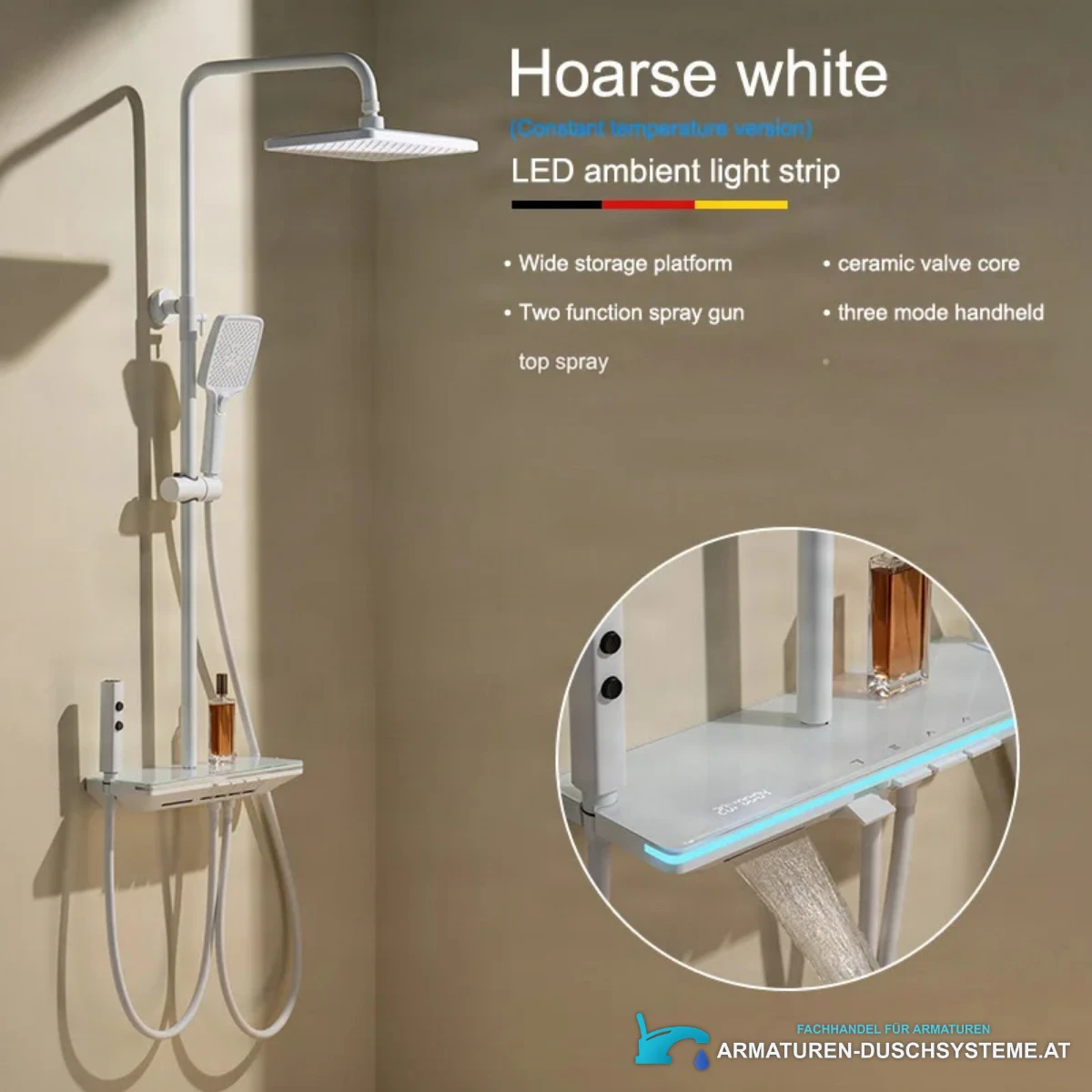 Aufputz-Duschsystem BSE1307 im Badezimmer mit Kopfbrause, Ablage und beleuchtetem Wasserauslauf