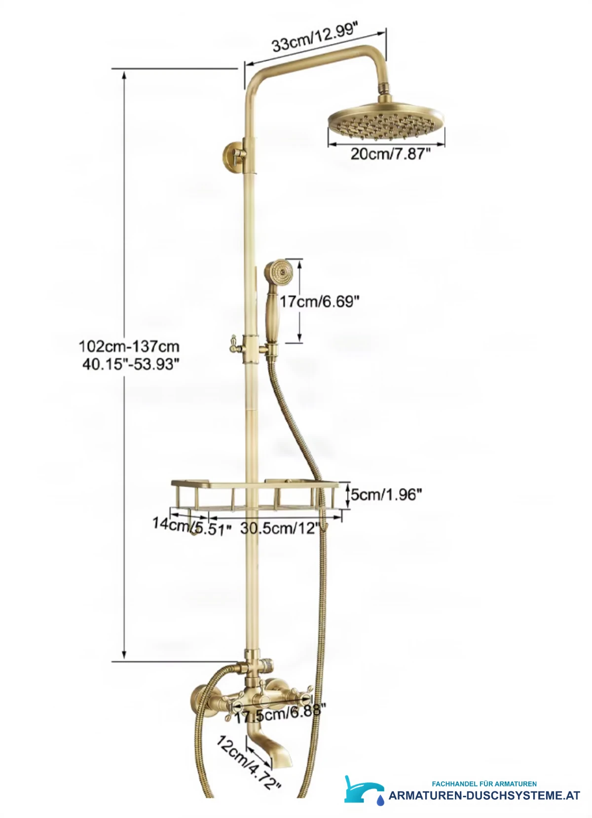 Technische Zeichnung des antiken Aufputz-Duschsystems BSE1241, Höhe 102–137 cm und Kopfbrause Ø 20 cm