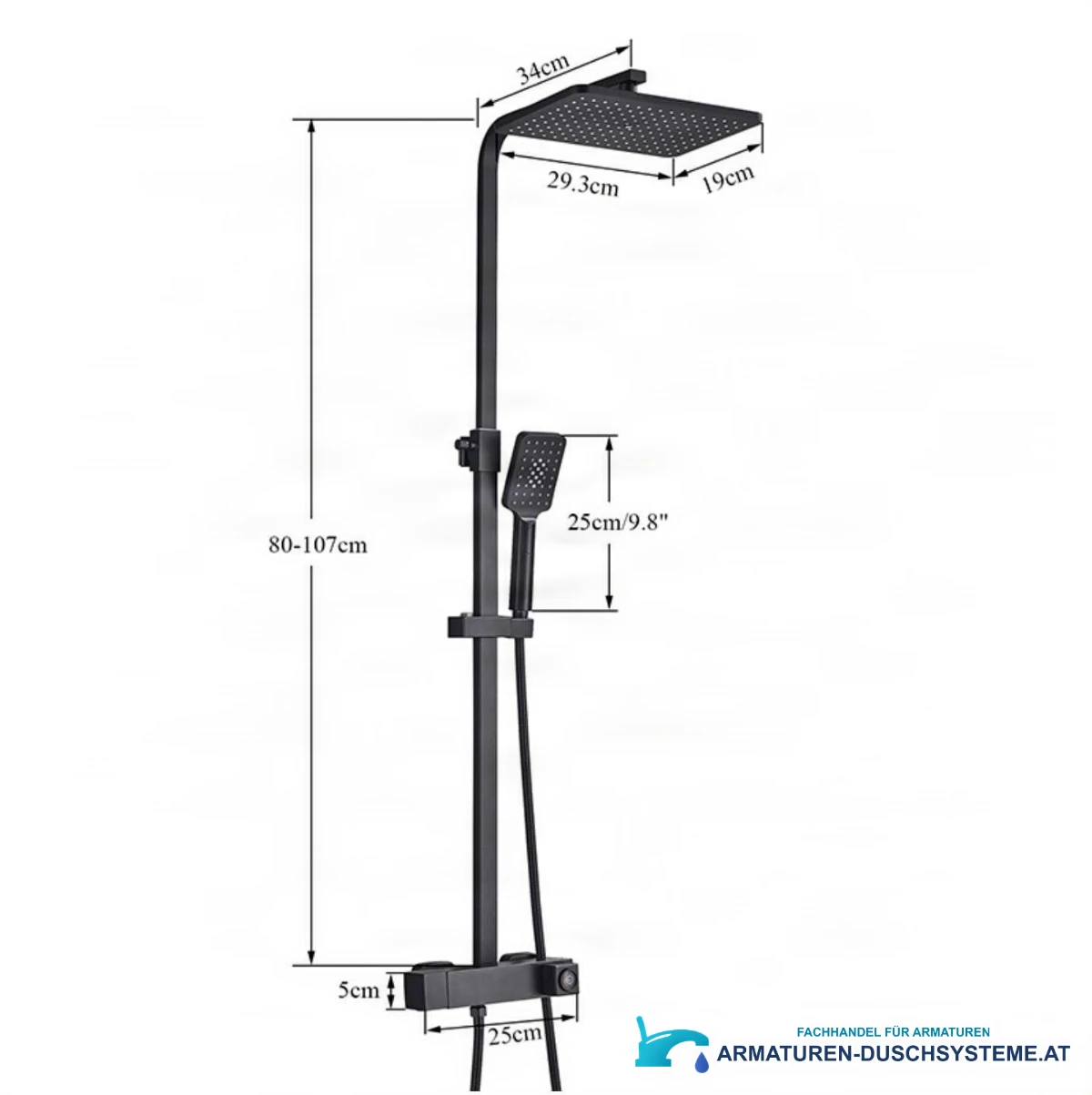 Technische Zeichnung Aufputz-Duschsystem BT1048 (80–107 cm, 29,3×19 cm Kopfbrause)