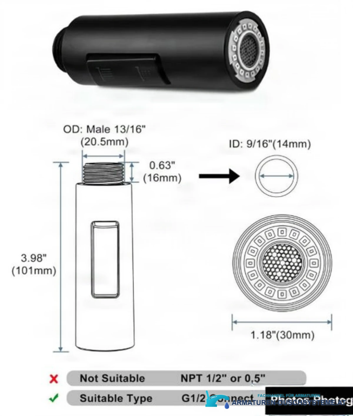 Technische Zeichnung des Küchenarmatur-Sprühkopfs PKF1422 (101 × 30 mm, G1/2)