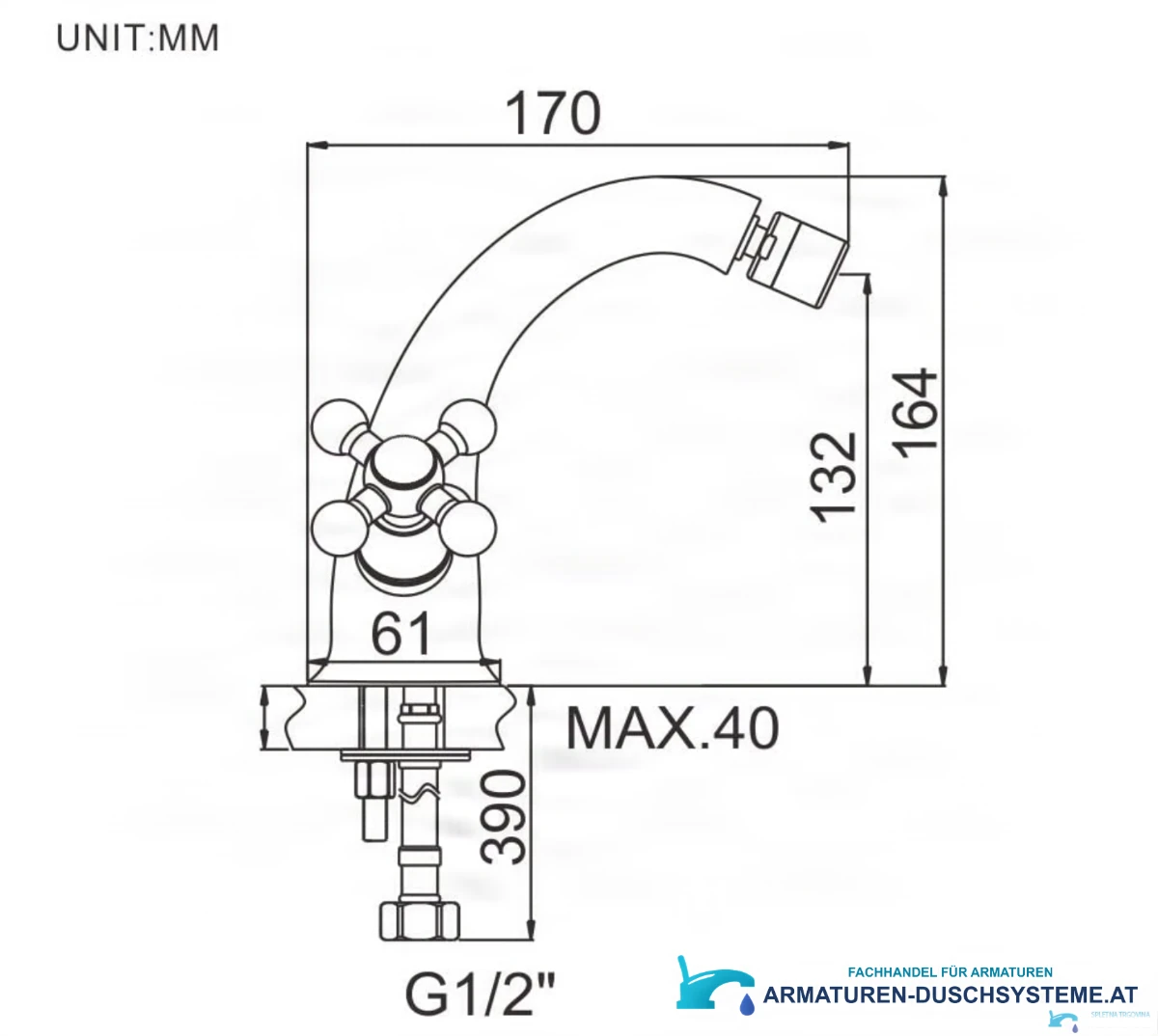 Technische Zeichnung der rustikalen Chrom-Bidetarmatur UC1143 (170 × 164 mm, G1/2)