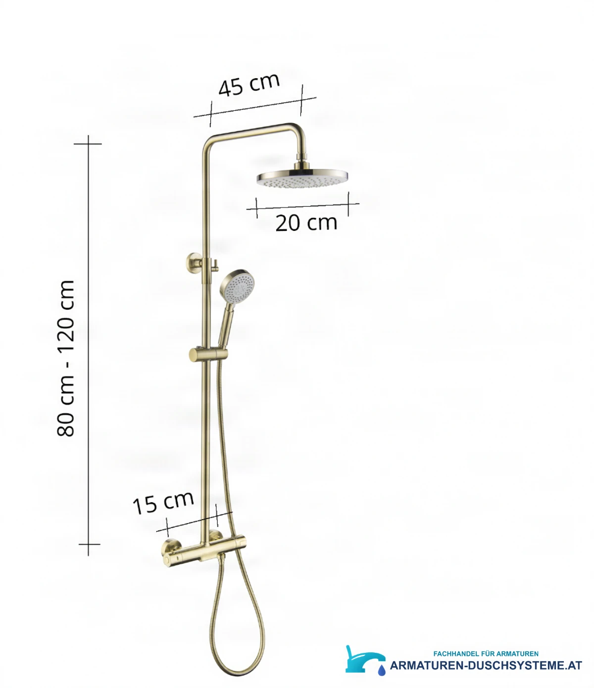 Technische Zeichnung des thermostatischen Aufputz-Duschsystems GT2251 (80–120 cm, 45 cm, 20 cm)