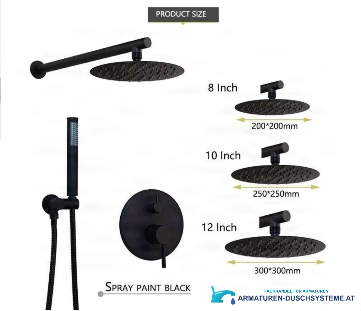 Spezifikationen des Duschsystems BP1225 mit Kopfbrausen in 200, 250 und 300 mm