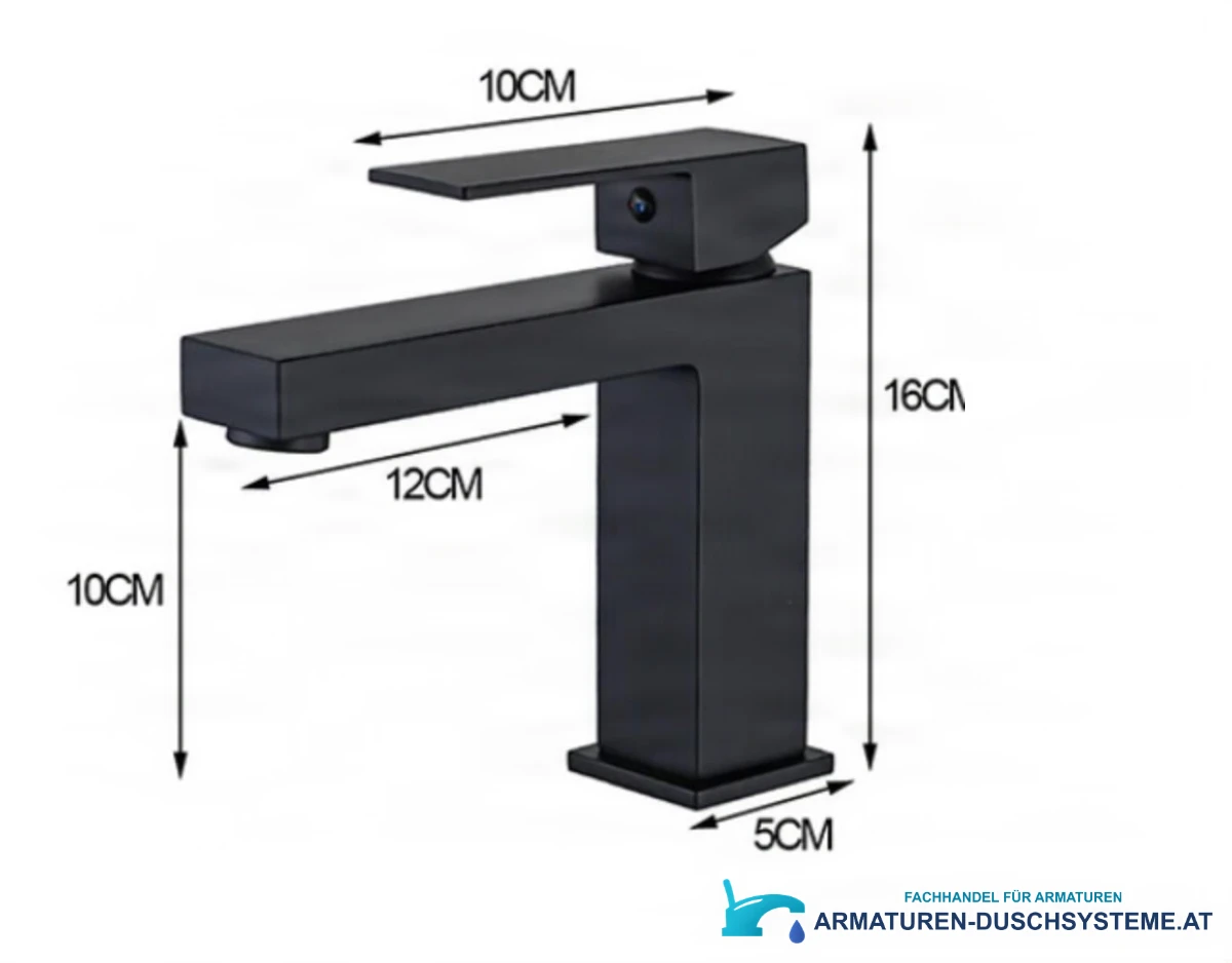 Maße der Badarmatur BS1103: 16 cm hoch, 12 cm Ausladung und 5 cm Sockel