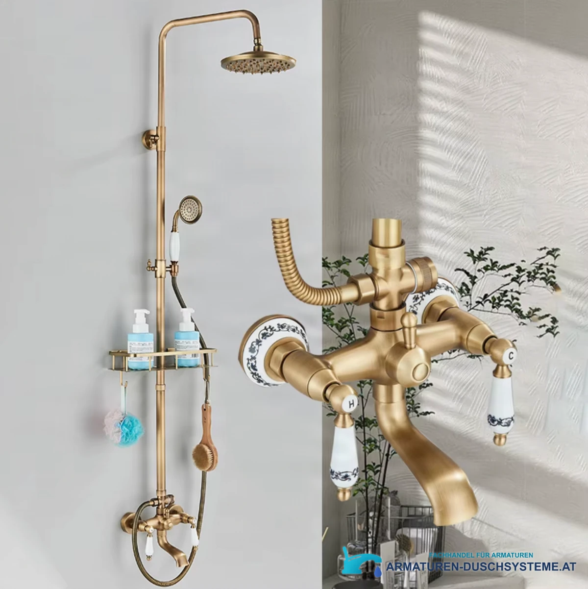 Antikes Aufputz-Duschsystem BSE1241 im Bad mit Antikmessing-Finish und weißen Keramikgriffen