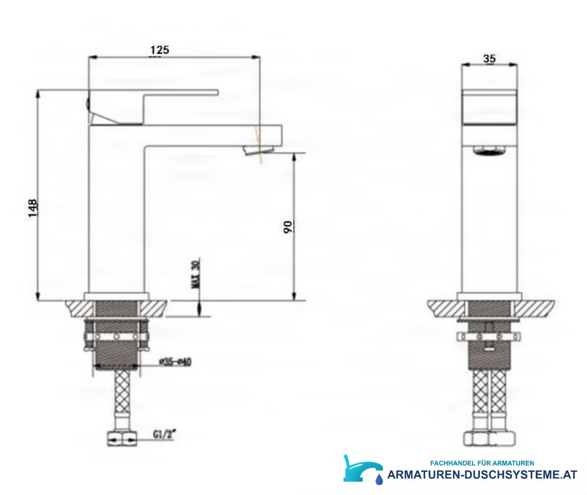 Technische Zeichnung der Badarmatur BC1320 (148 × 125 × 35 mm, G1/2)