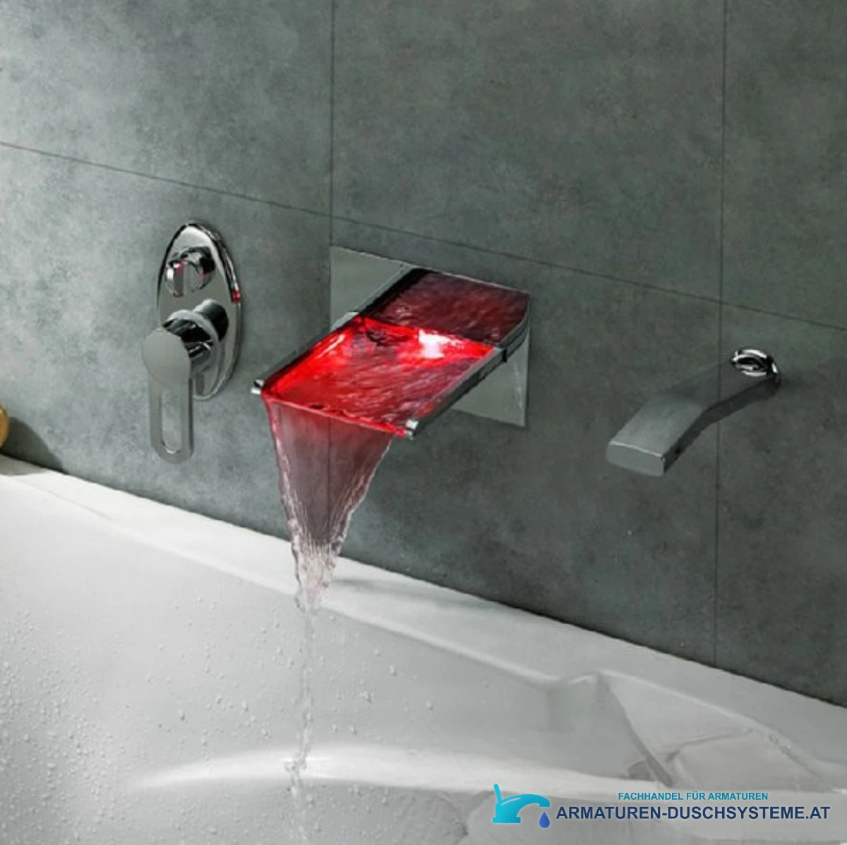 Unterputz-Wannenarmatur PSK7917 im Einsatz mit roter LED und Wasserfallauslauf