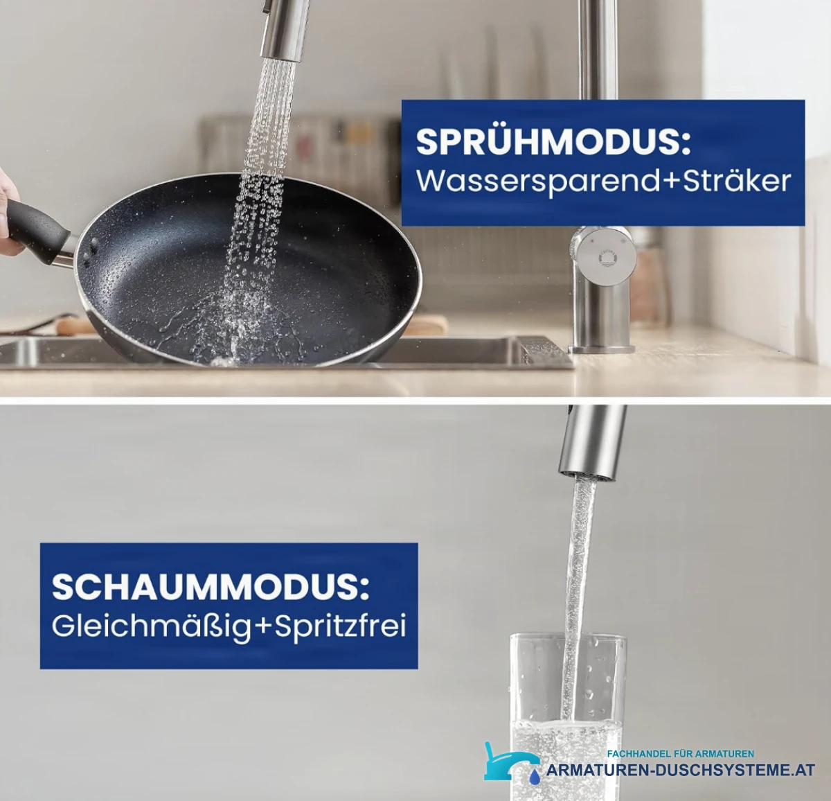 Spezifikationen der Küchenarmatur KL1109: Brausestrahl und gleichmäßiger Wasserstrahl