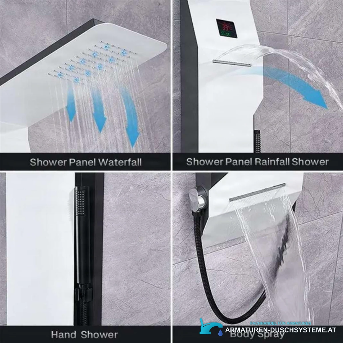Funktionen des Duschpaneels ELITE EDITION DELUX BSP1412: Regenbrause, Schwallauslauf und Handbrause