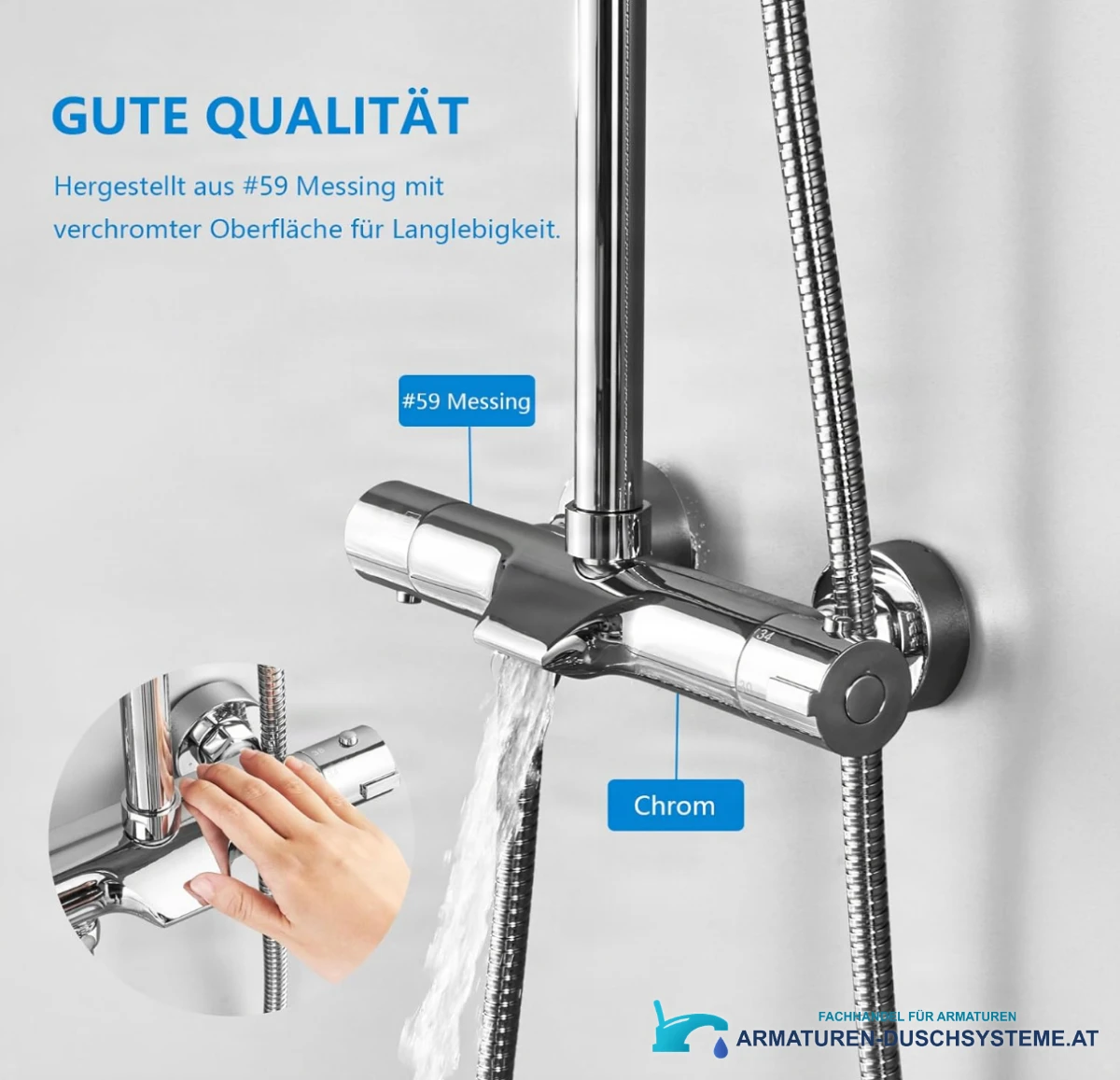 Spezifikationen des Duschsystems ELITE EDITION BST1105: verchromte Thermostatarmatur
