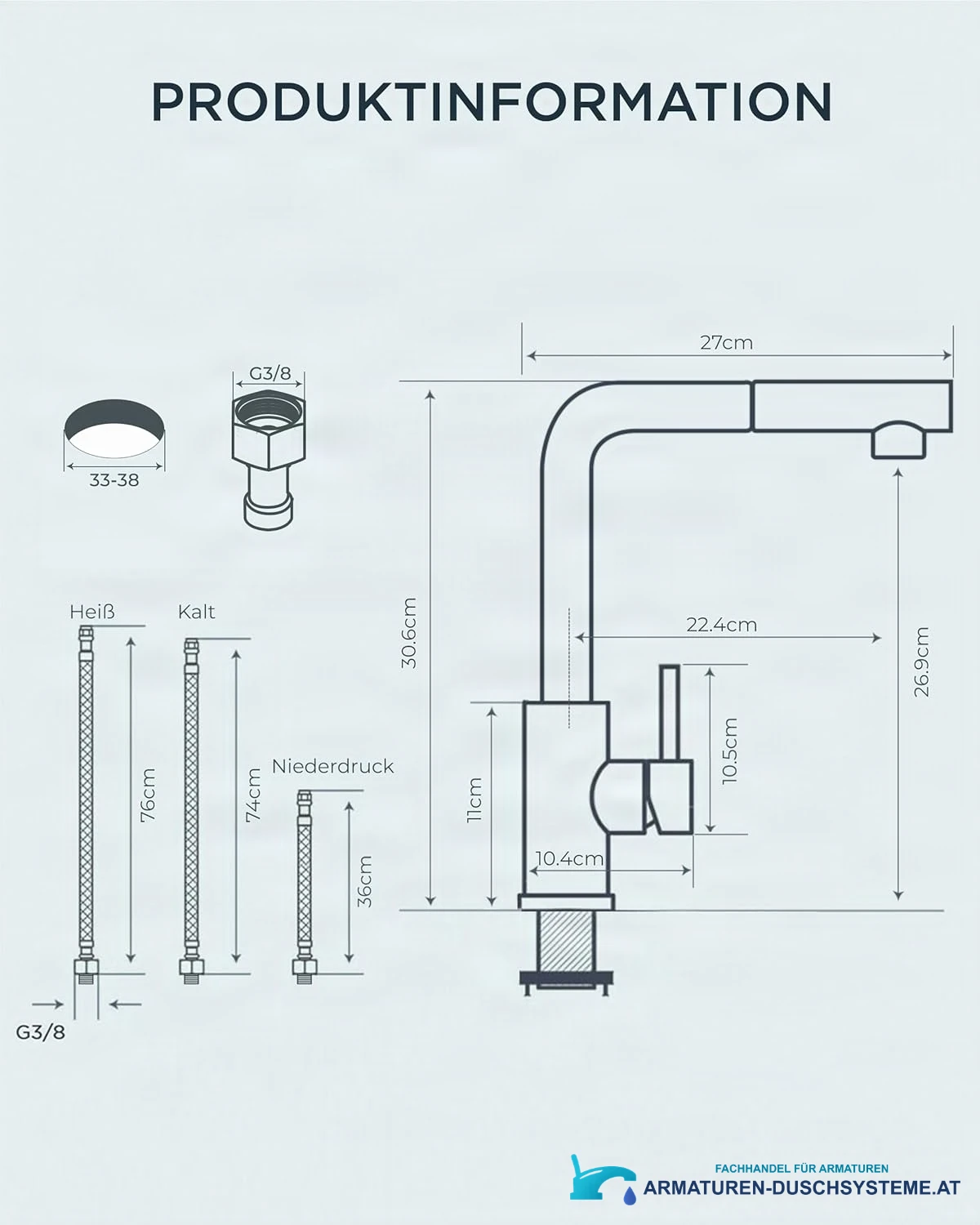 Technische Zeichnung der Niederdruck-Küchenarmatur ELITE EDITION KFL2244 mit 30,6 cm Höhe und G3/8