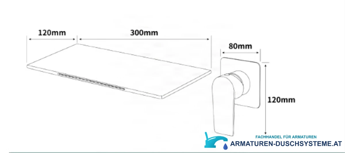Technische Zeichnung der Wasserfall-Mischarmatur BSW1722 mit 300 × 120 mm Auslauf und 80 × 120 mm Rosette