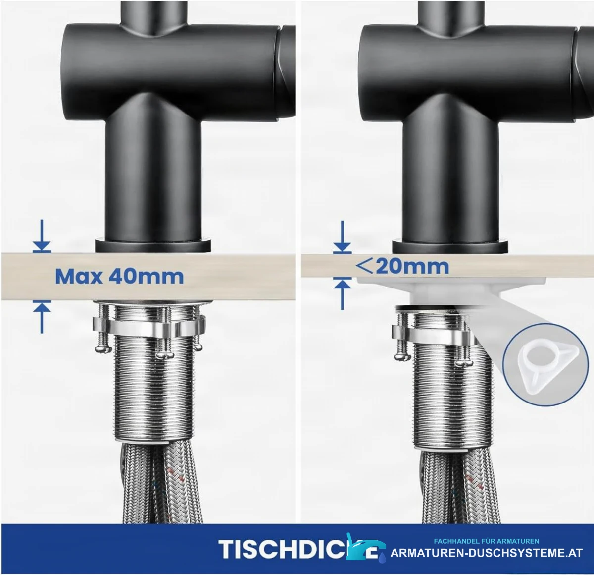 Spezifikationen der Küchenarmatur KL1109: Montage bis 40 mm Plattenstärke, Adapter unter 20 mm