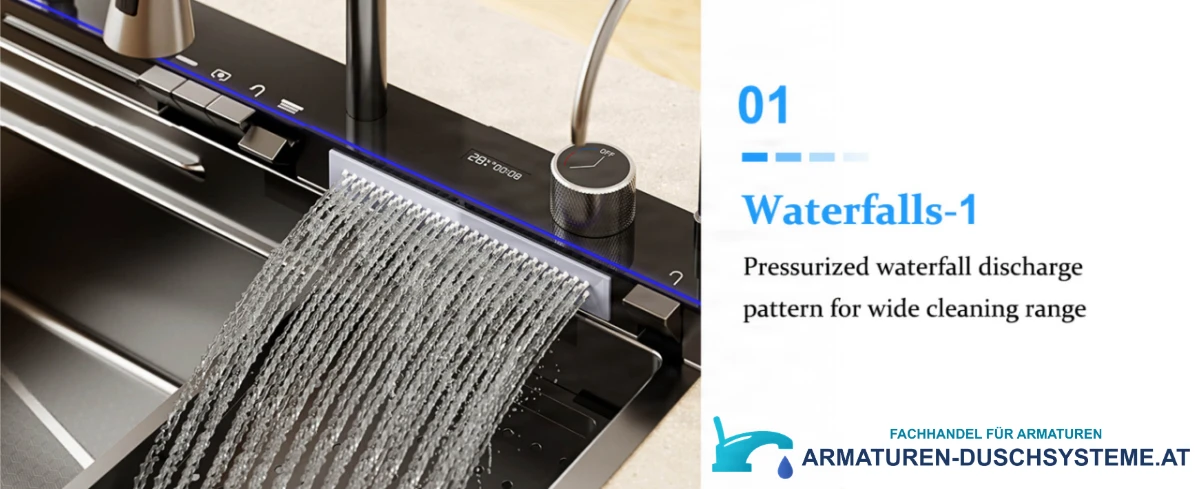 Funktionen der Küchenspüle ELITE EDITION KS2199: breiter Wasserfallauslauf