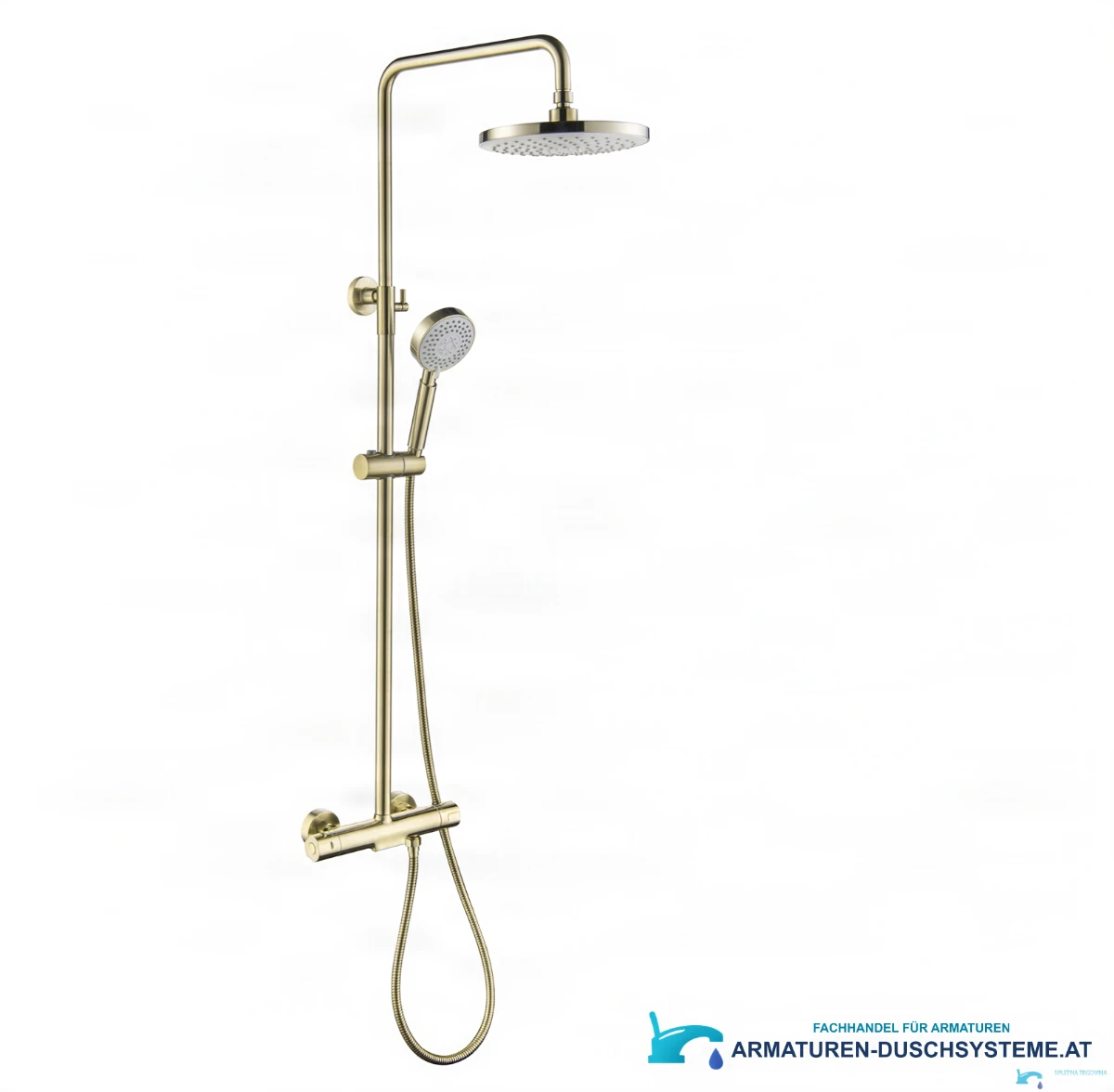 Goldfarbenes Aufputz-Duschsystem GT2251 — Gesamtansicht mit Kopf- und Handbrause