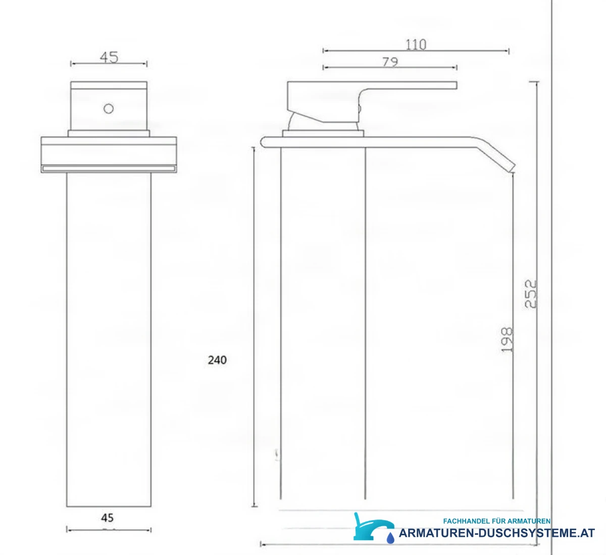 Technische Zeichnung der Wasserfall-Waschtischarmatur EYN103 (252 × 45 mm, Ausladung 110 mm)