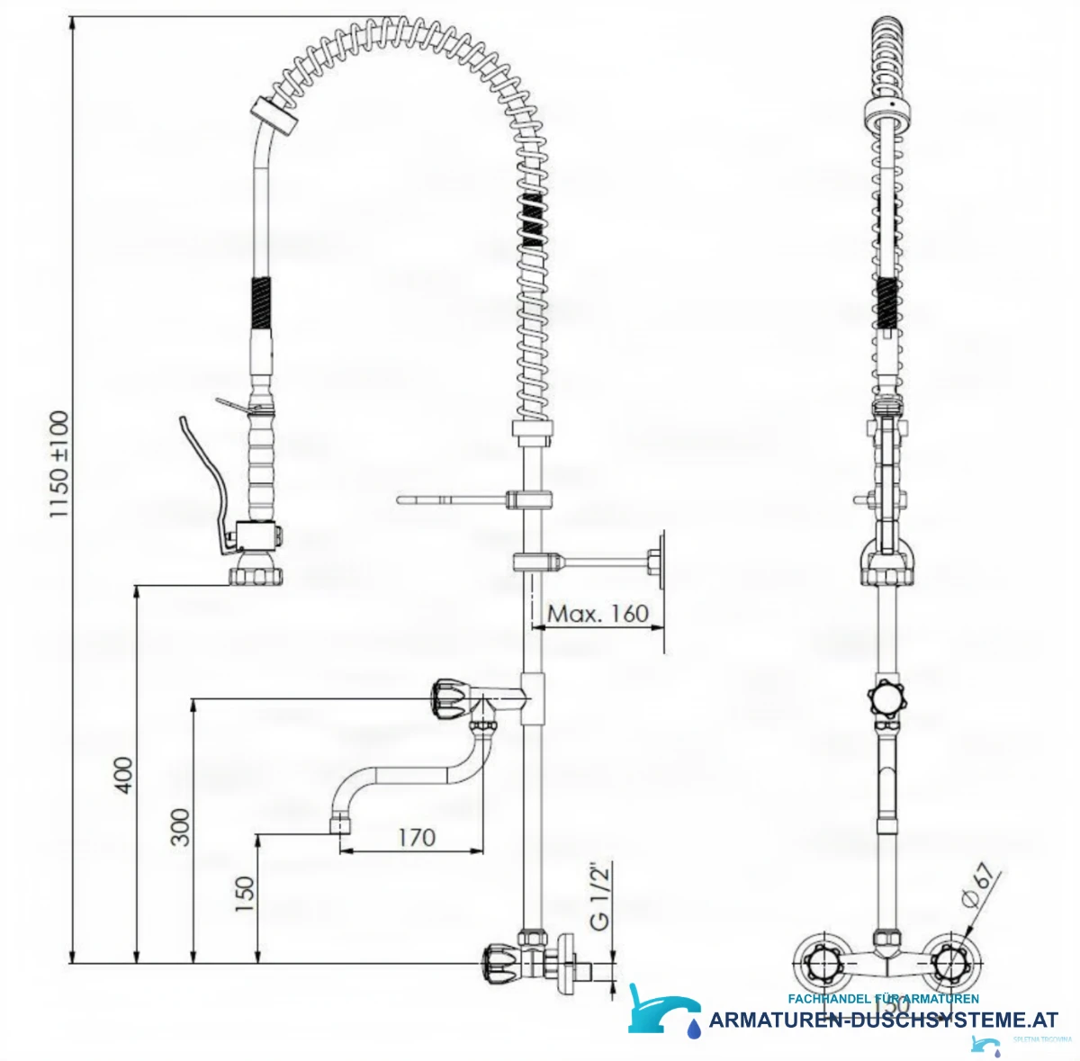 Technische Zeichnung der Wandarmatur SPRO1228 (1150 ±100 mm, G 1/2)