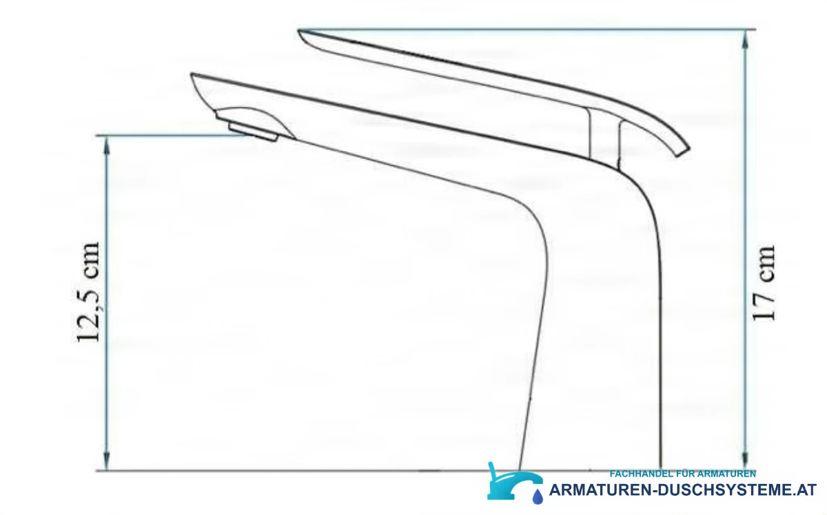 Technische Zeichnung der Waschtischarmatur woo-6963 mit 17 cm Gesamthöhe und 12,5 cm Auslaufhöhe