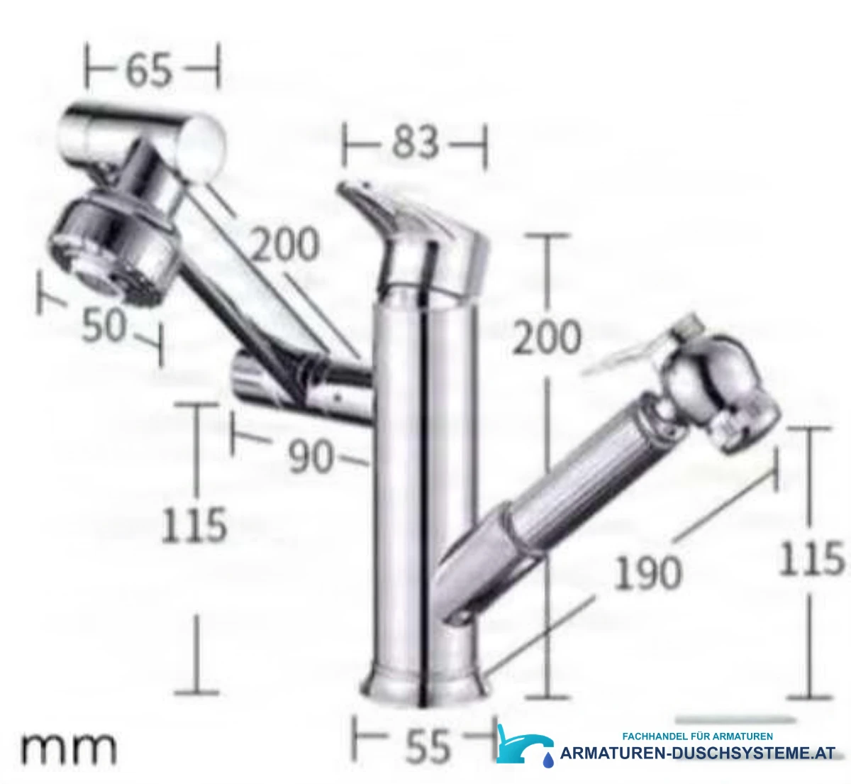 Technische Zeichnung der Küchenarmatur EYN BIO1546 mit 200 mm Höhe und 55 mm Sockel