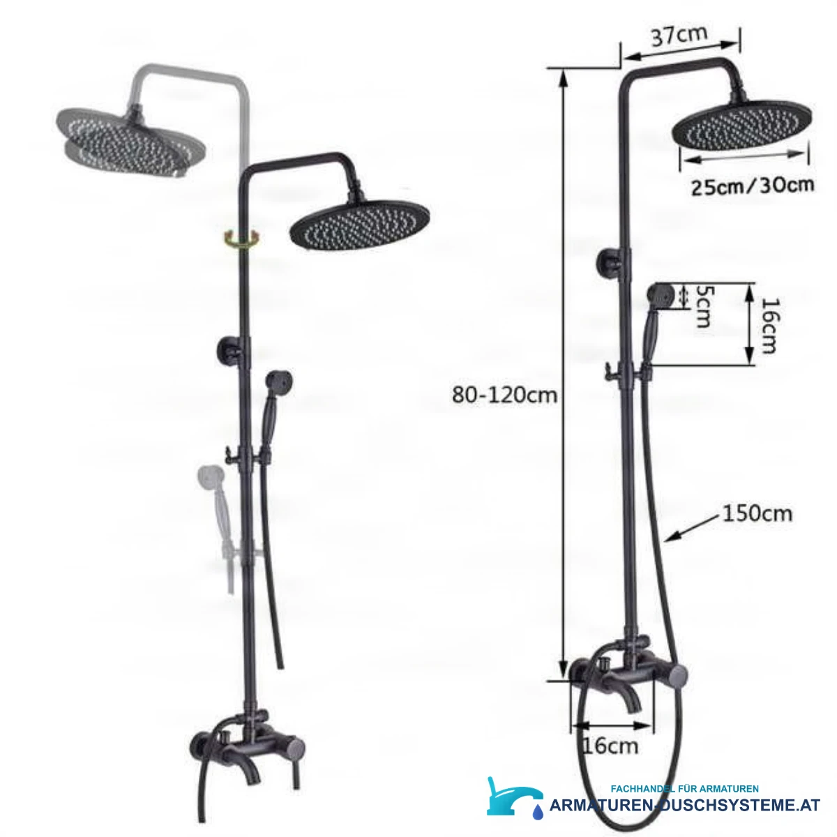 Maße des Aufputz-Duschsystems EYN CKT2012: 80–120 cm Höhe, 25 oder 30 cm Kopfbrause