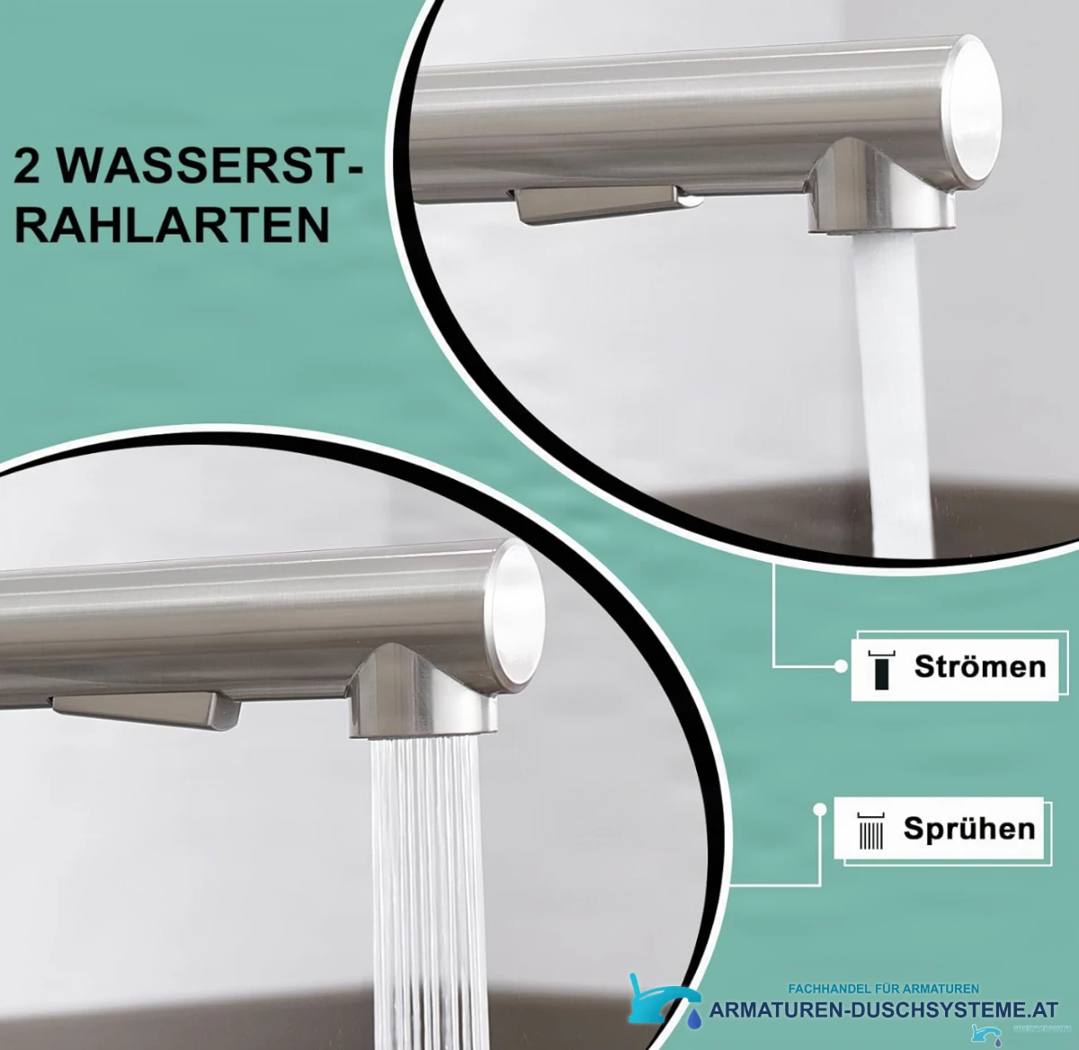 Zwei Strahlarten der Niederdruck-Küchenarmatur EYN NTB2003: Wasserstrahl und Brausestrahl