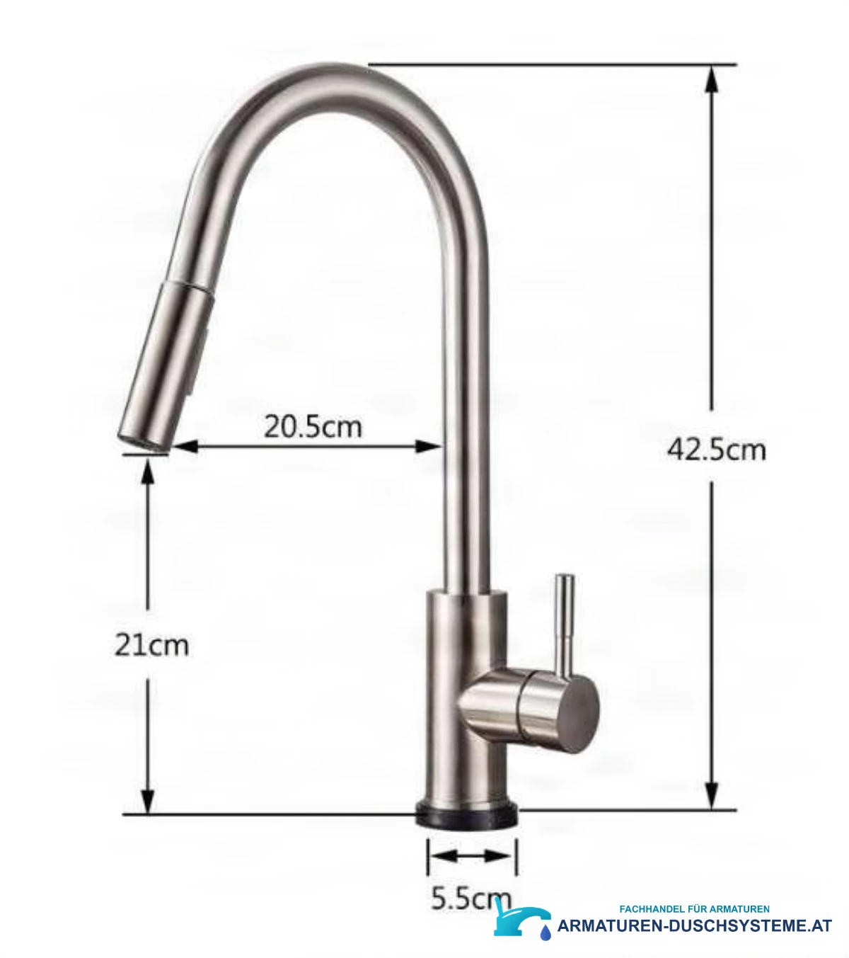 Technische Zeichnung der Touch-Küchenarmatur BS1333 (42,5 cm hoch, 20,5 cm Ausladung)