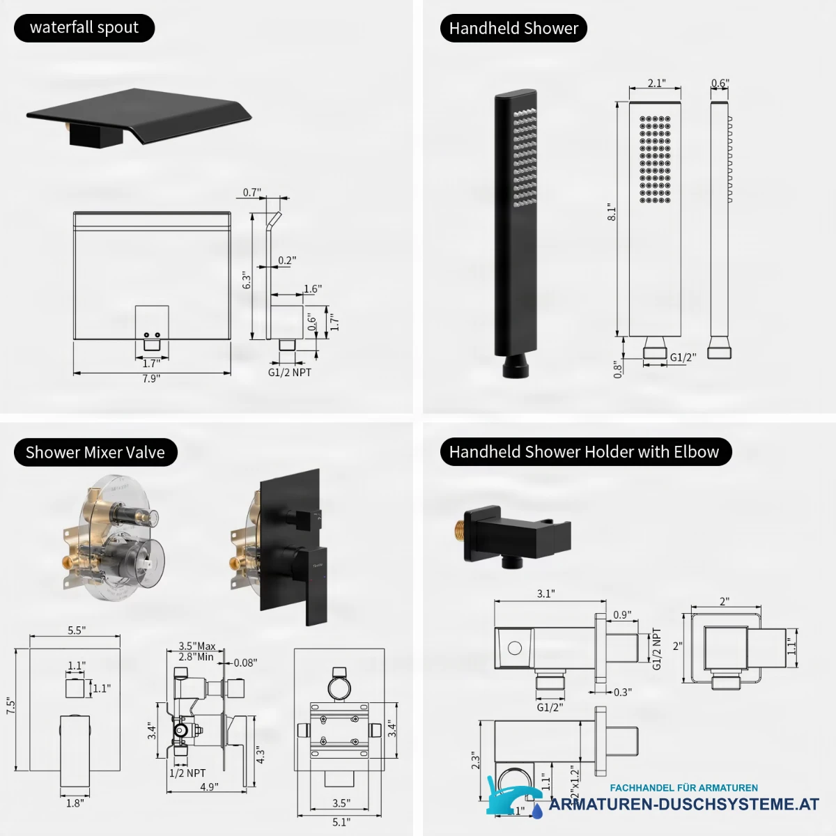 Technische Zeichnung der Wannenarmatur ELITE EDITION BSW1678 mit NPT-Außengewinde und Handbrause (G1/2, NPT 1/2, 8,1 Zoll)