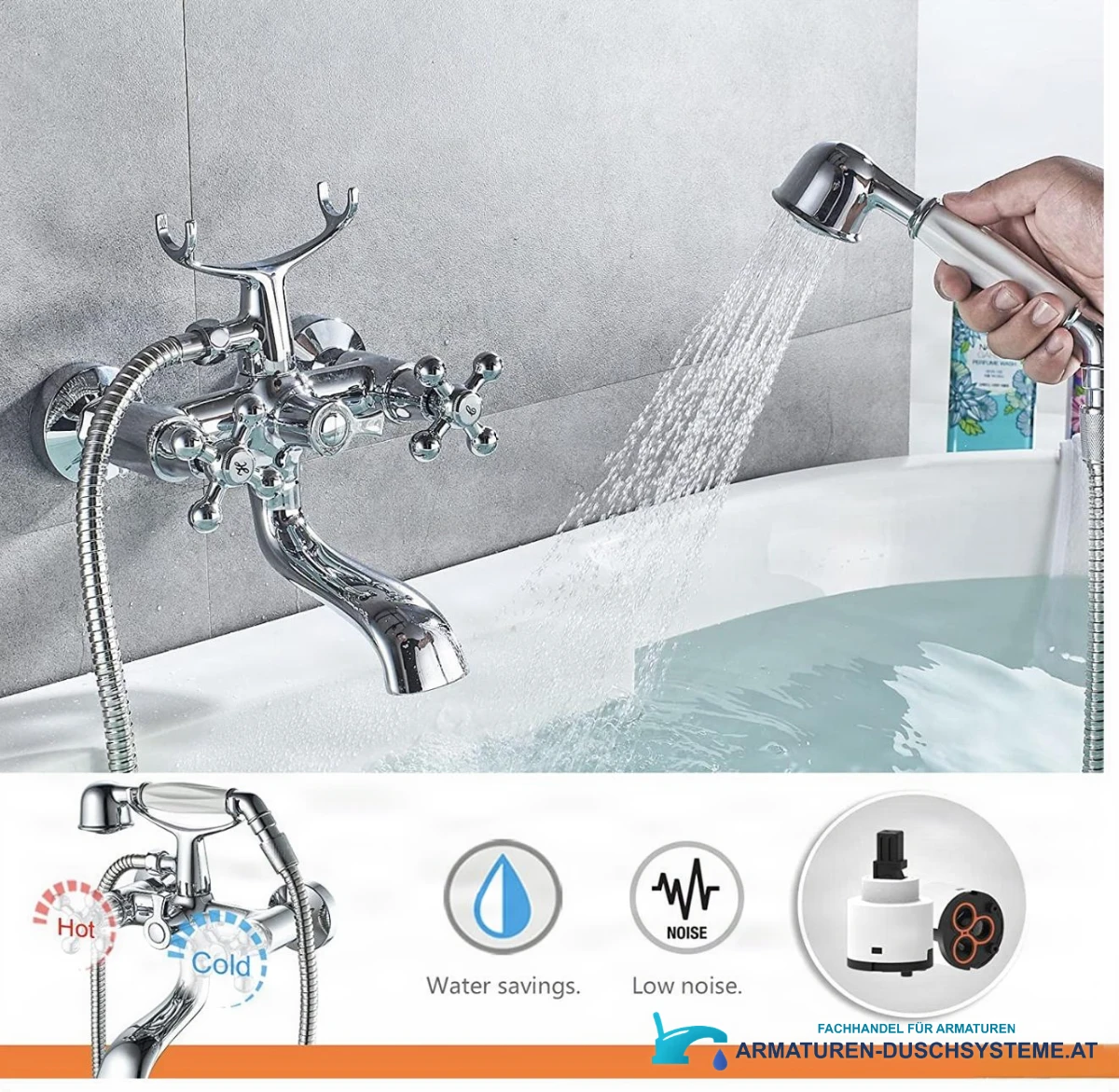 Merkmale der rustikalen Chromarmatur UC1143: Handbrause, Wassersparen und leiser Betrieb