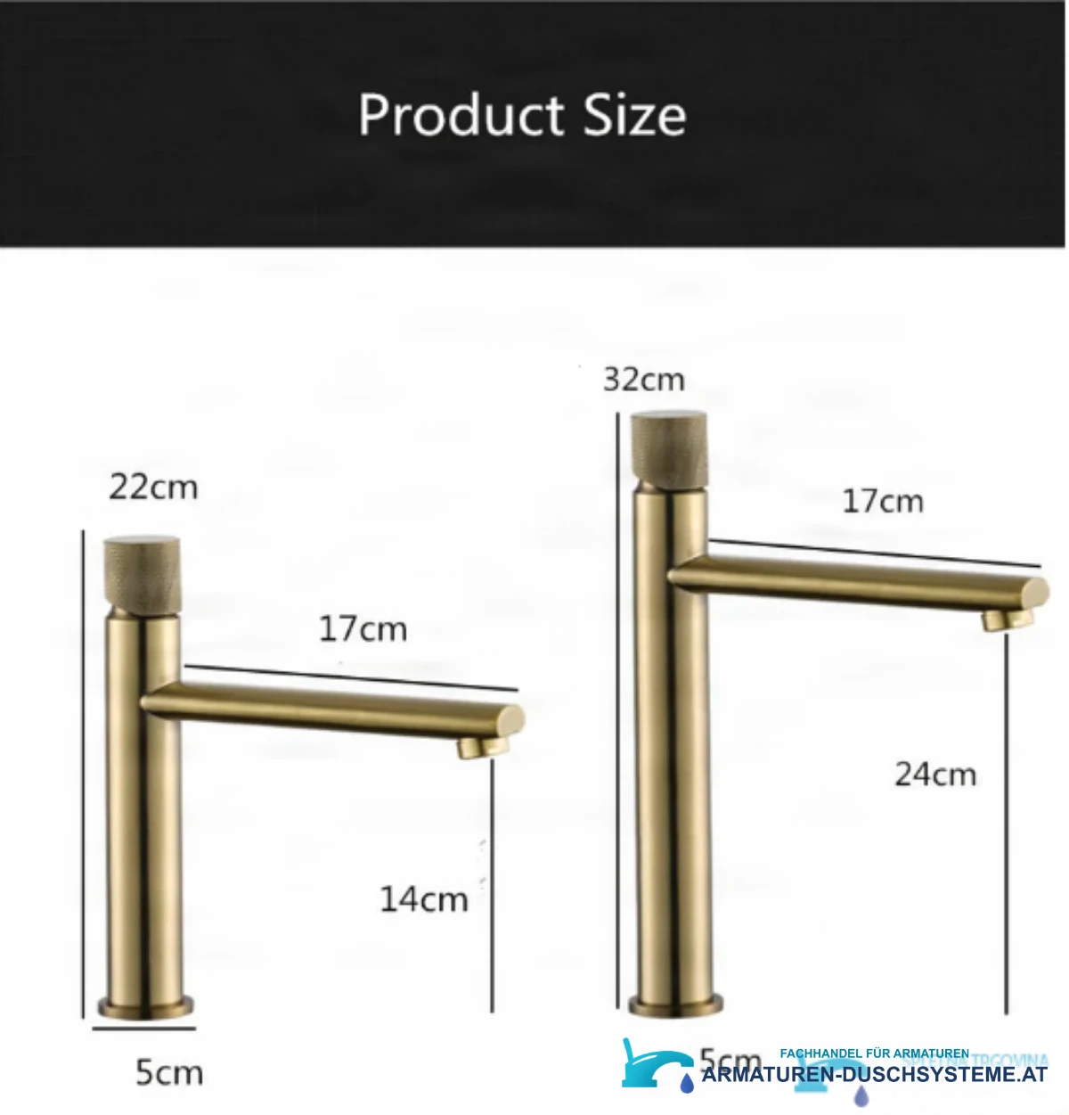 Technische Maßgrafik der luxuriösen Waschtischarmatur BGB1450 (22/32 cm Höhe, 17 cm Auslauf)