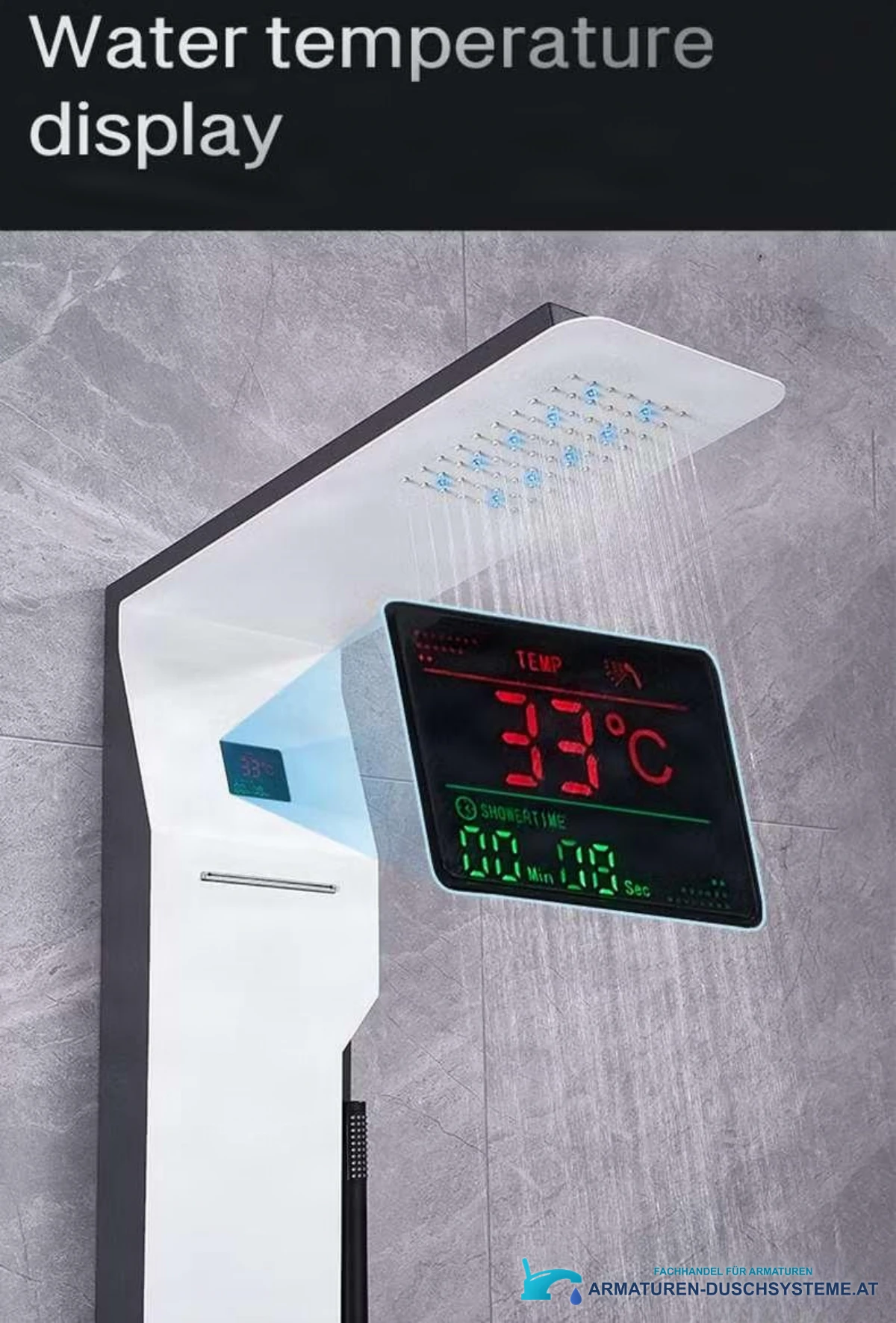 Funktionen des Duschpaneels ELITE EDITION DELUX BSP1412: Temperaturanzeige und Kopfbrause