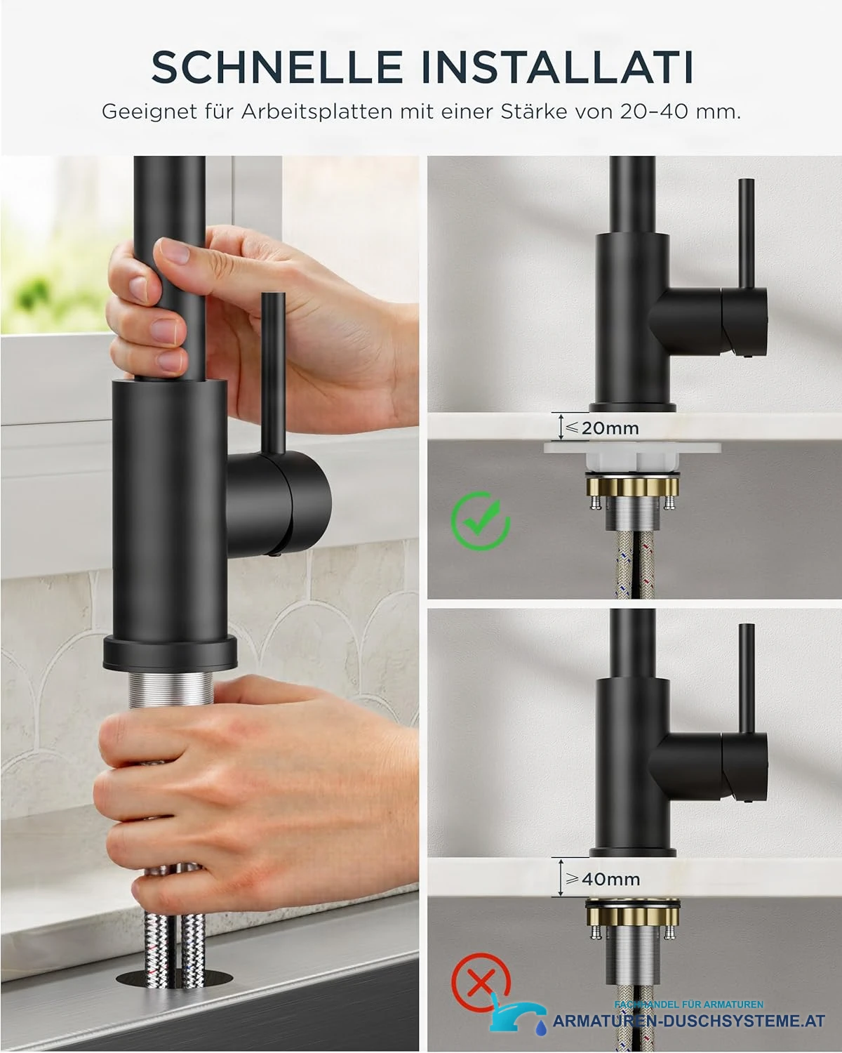 Montage der Niederdruck-Küchenarmatur ELITE EDITION KFL2244 für 20 bis 40 mm starke Arbeitsplatten