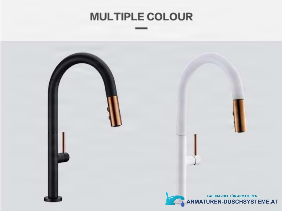 Küchenarmatur mit ausziehbarer Brause und Schwenkauslauf in den Varianten Mattschwarz und Weiß