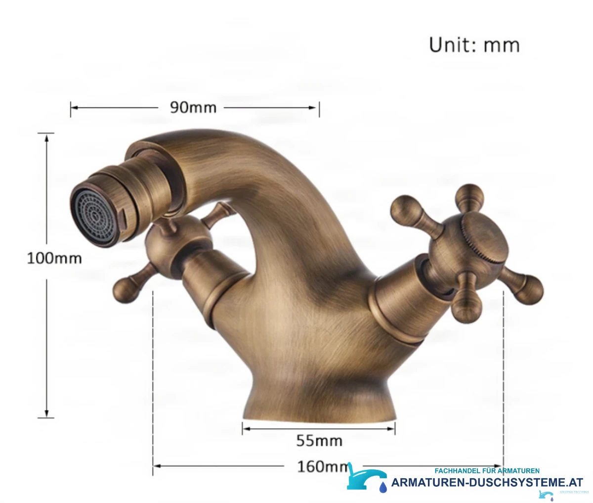 Technische Zeichnung der antiken Bidetarmatur AQB1144, 160 × 100 mm