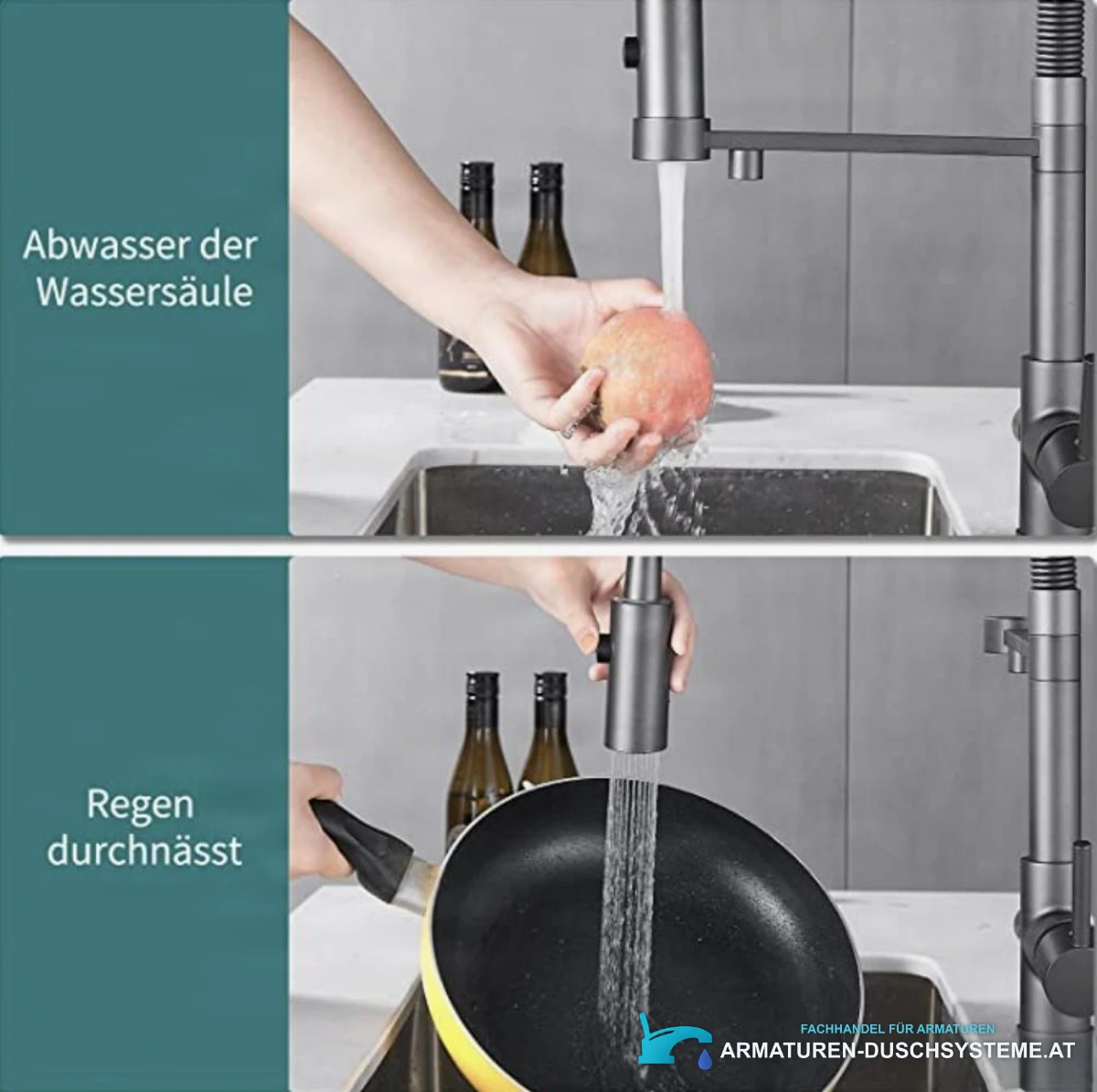 Funktionen der Küchen-Filterarmatur KF1459: Wasserstrahl und ausziehbare Brause