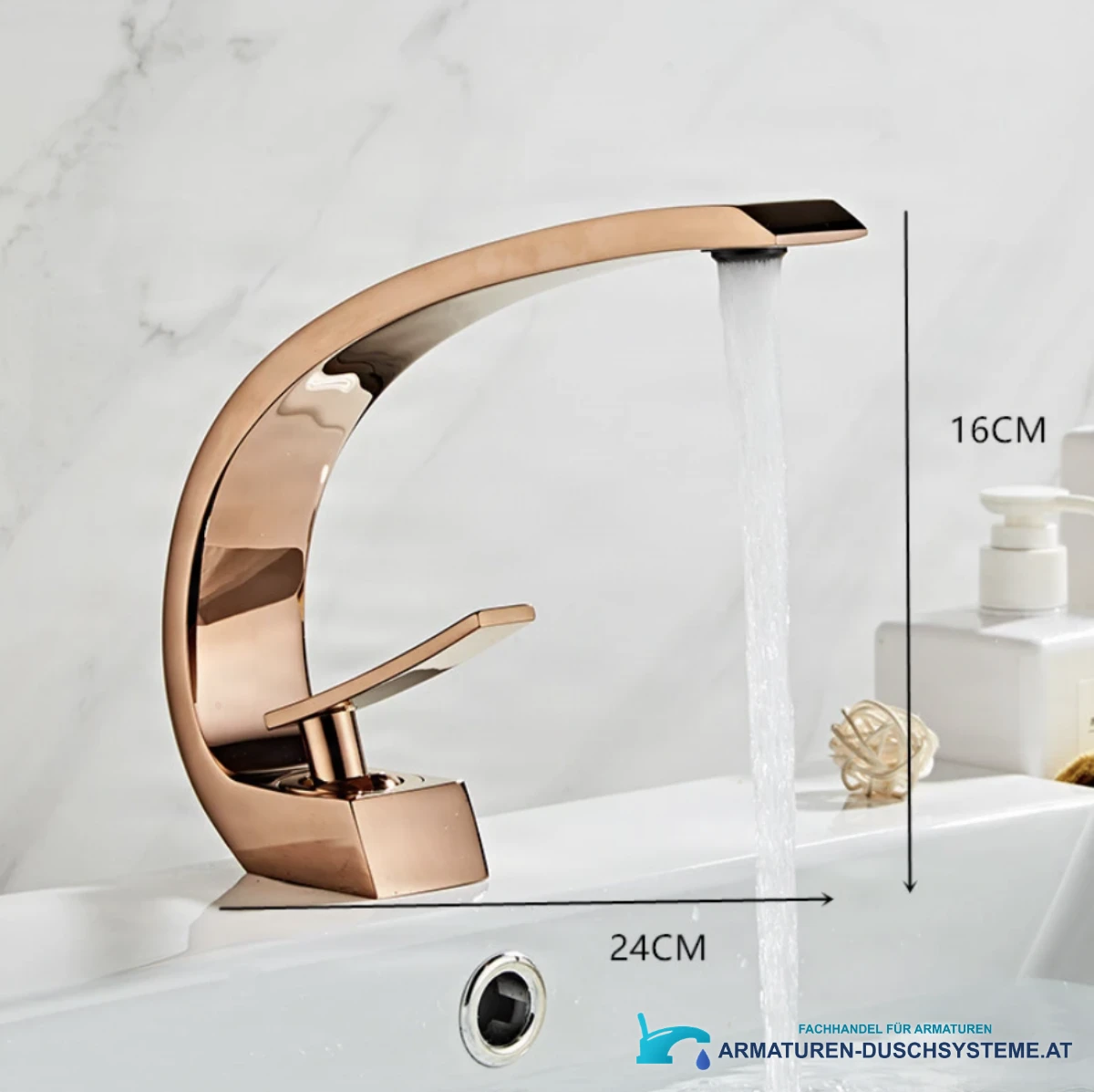 Maße der Waschtischarmatur GB1424-zs in Roségold: 24 cm und 16 cm