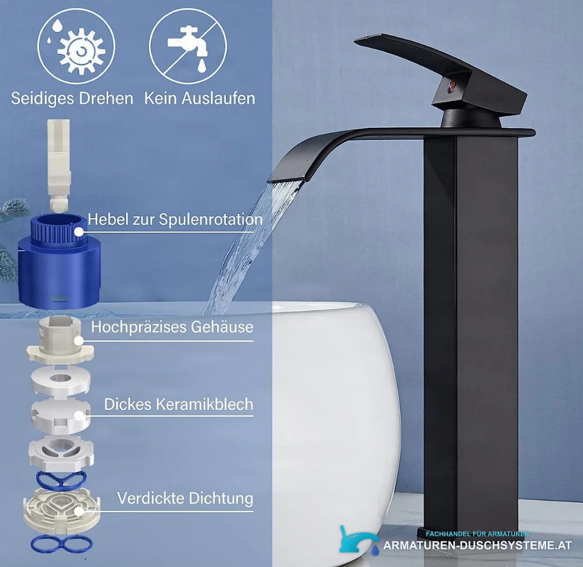 Spezifikationen der Waschtischarmatur EYN103: Keramikkartusche und Wasserfallauslauf