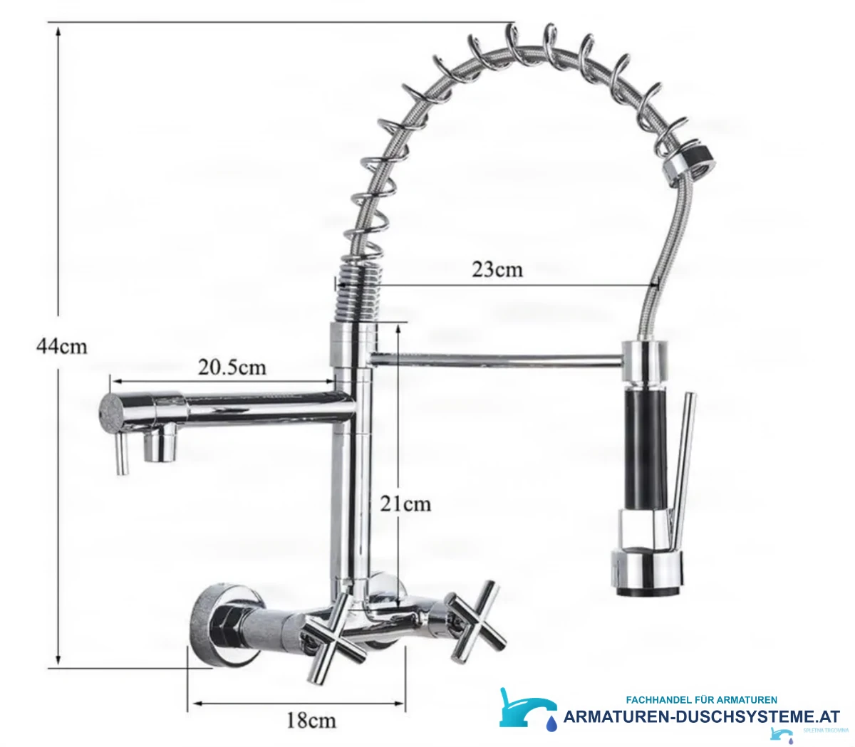 Technische Zeichnung der Wandarmatur mit Doppelauslauf WK1002, Höhe 44 cm