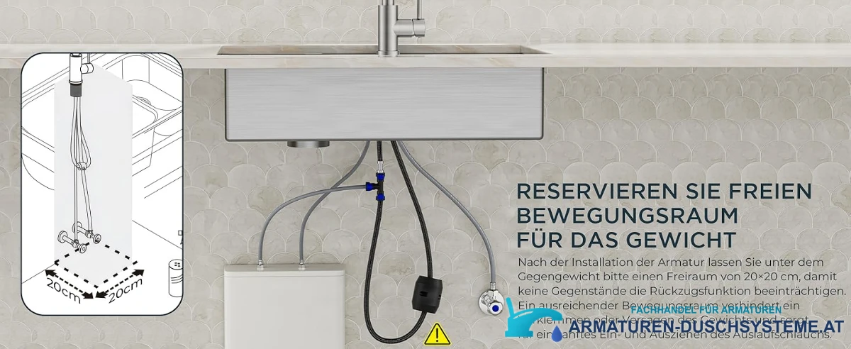 Spezifikationen der Niederdruck-Küchenarmatur ELITE EDITION KFL2244: drei Anschlüsse und 20 cm Freiraum