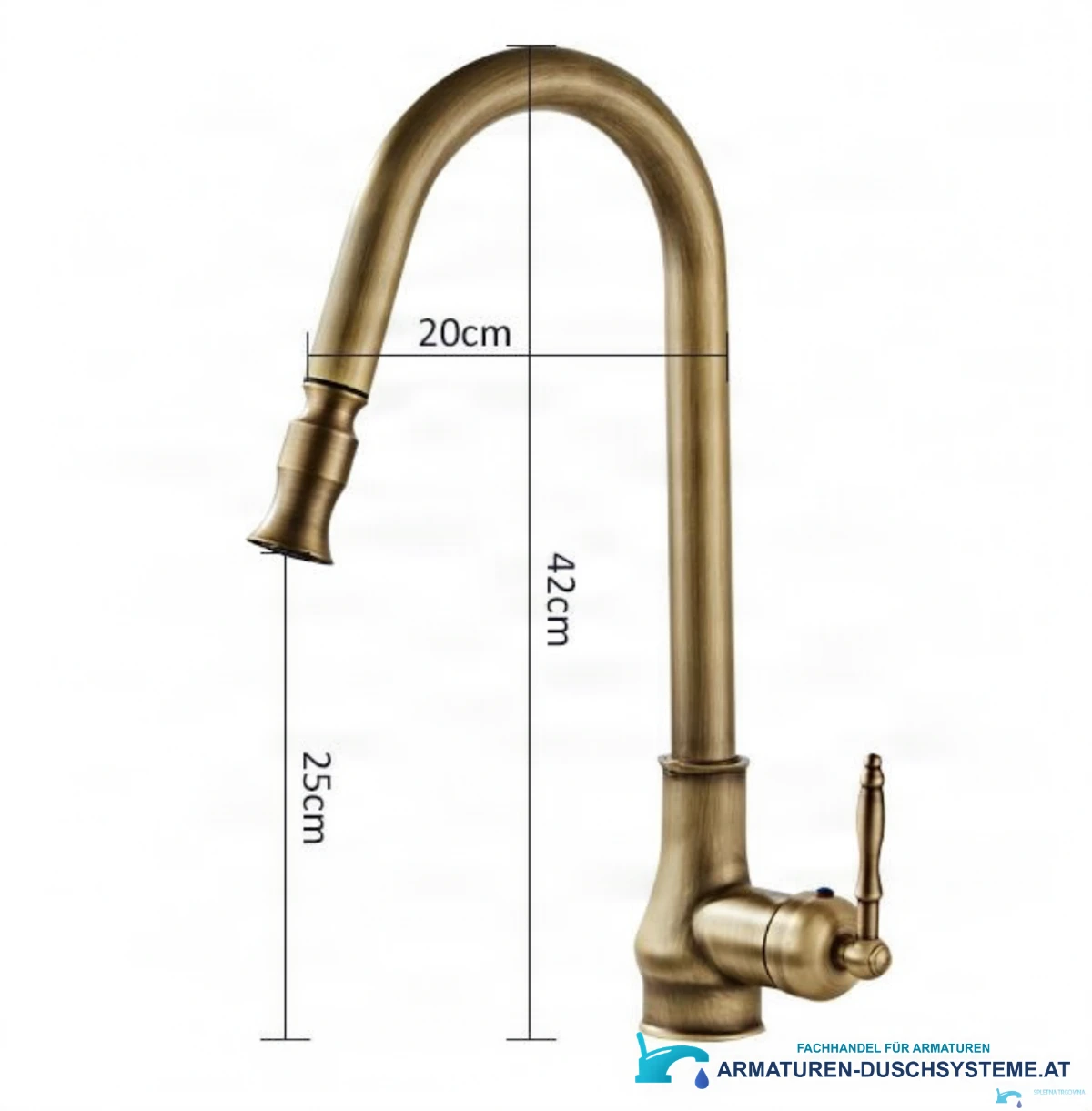 Technische Zeichnung der antiken Küchenarmatur EYN AQ1343 mit 42 cm Höhe, 20 cm Ausladung und 25 cm Auslaufhöhe